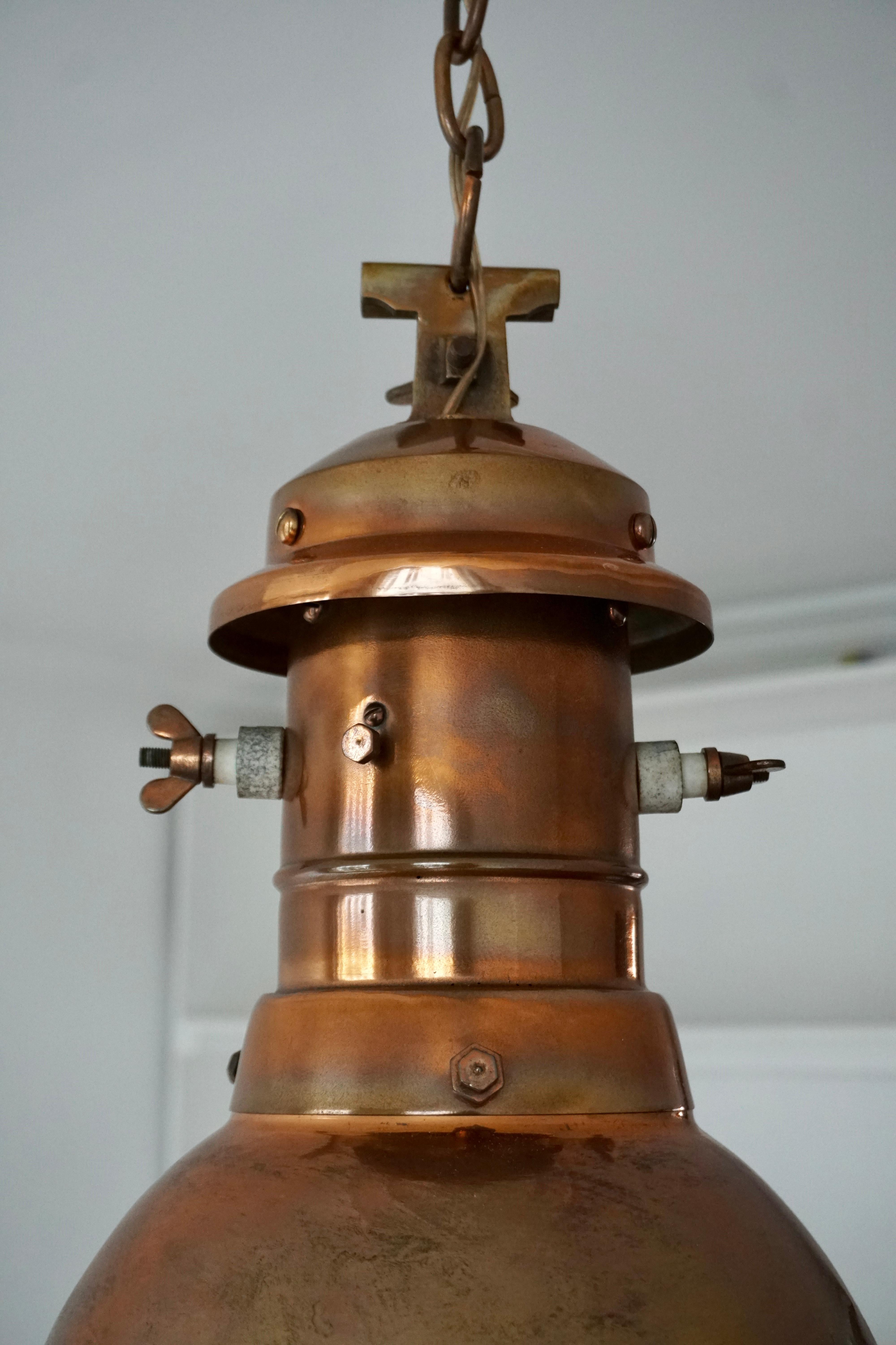 Early 1900 Belgian Copper Glass Pendant Light 1