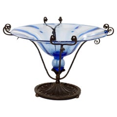 Early 1900 Cappellin Bellotto Blue Murano Glass Wrought Iron Art Nouveau Vase