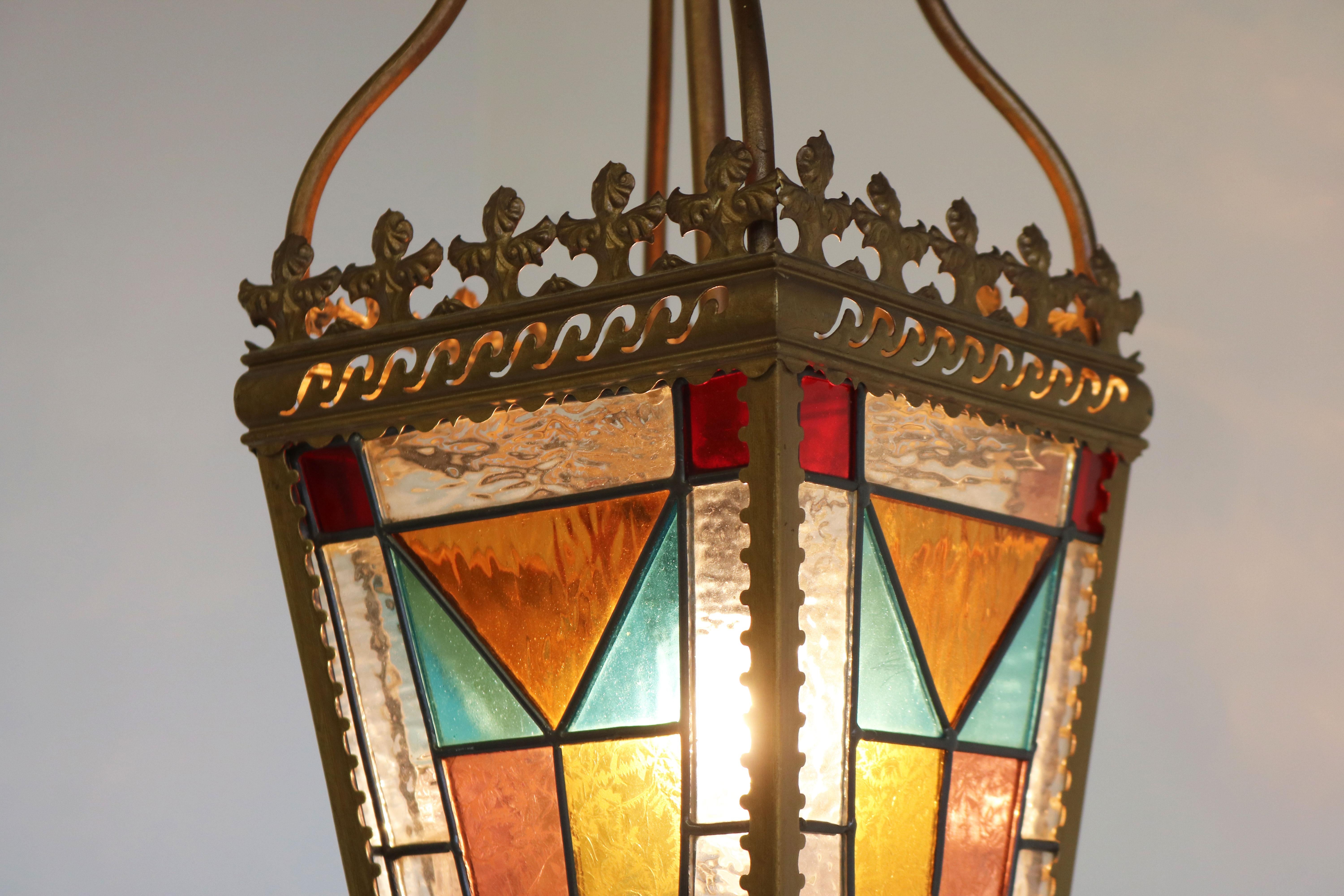 Breathtaking Victorian lantern light / flush mount with stained glass & brass. 
Perfect to light up your hallway, when lit the stained glass looks amazing and creates a gorgeous light effect.
The brass frame is richly decorated with a top edge &