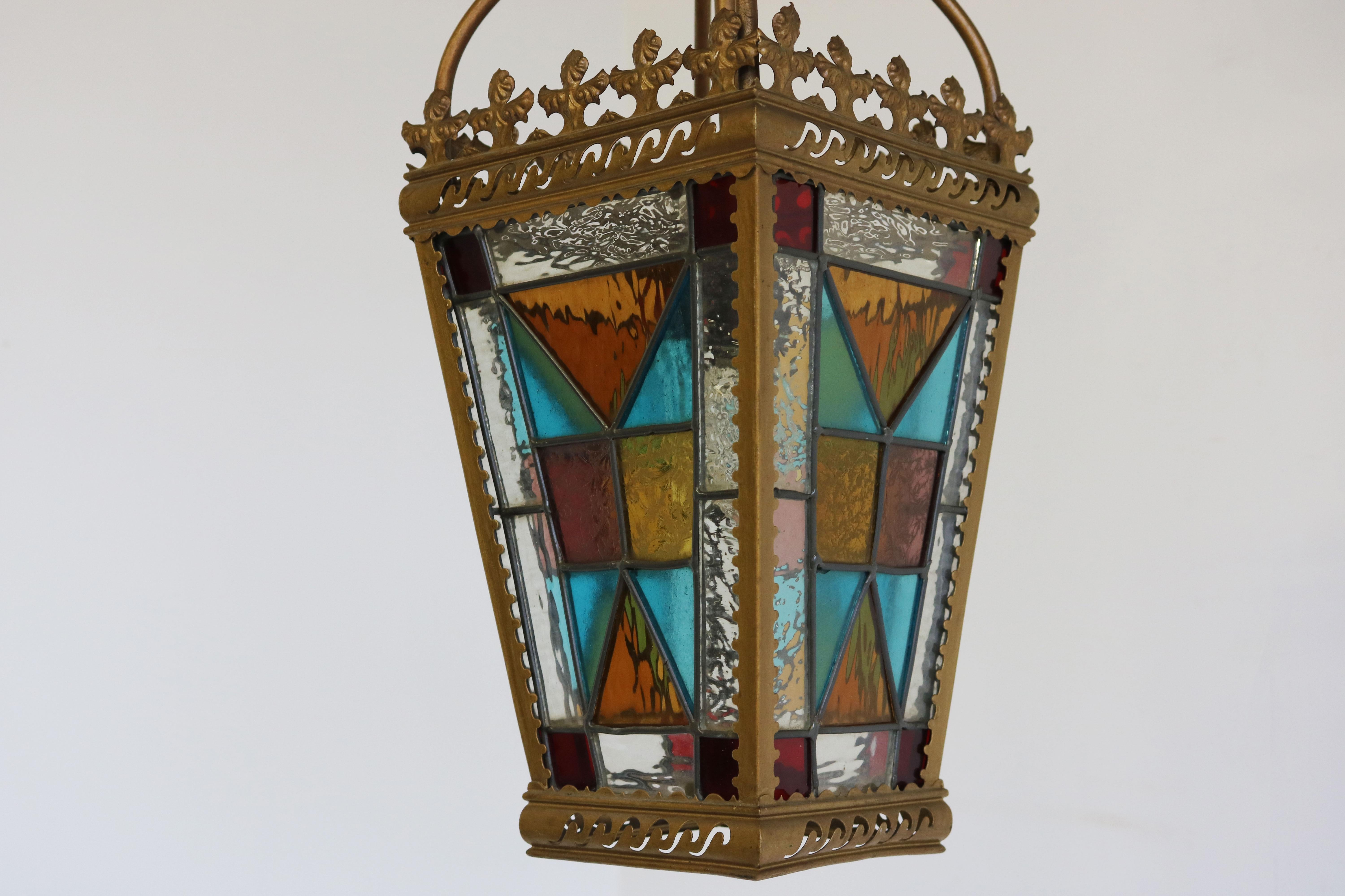 British Early 1900 English Victorian Lantern Light Hallway Stained Glass Brass Pendant