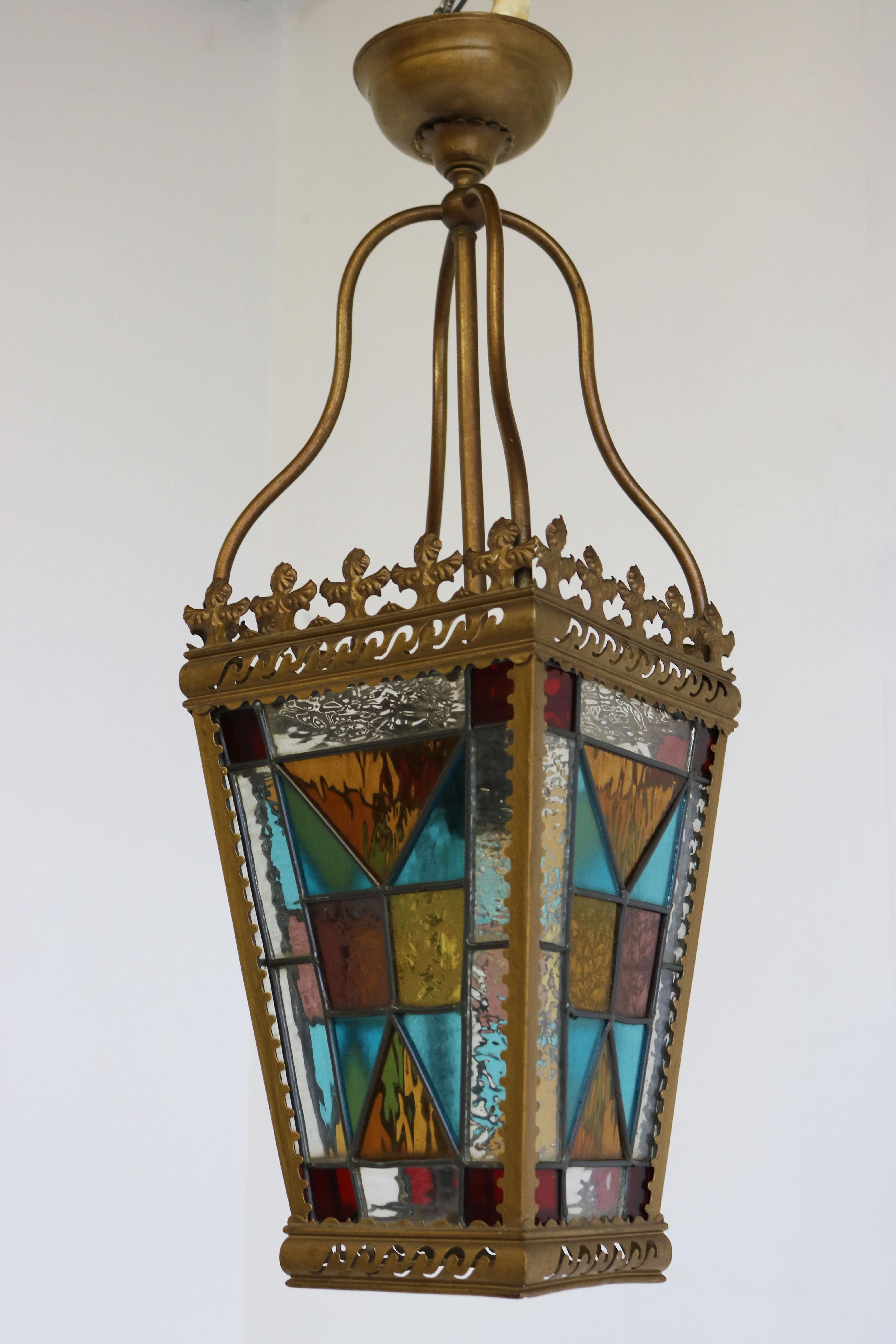 Early 20th Century Early 1900 English Victorian Lantern Light Hallway Stained Glass Brass Pendant