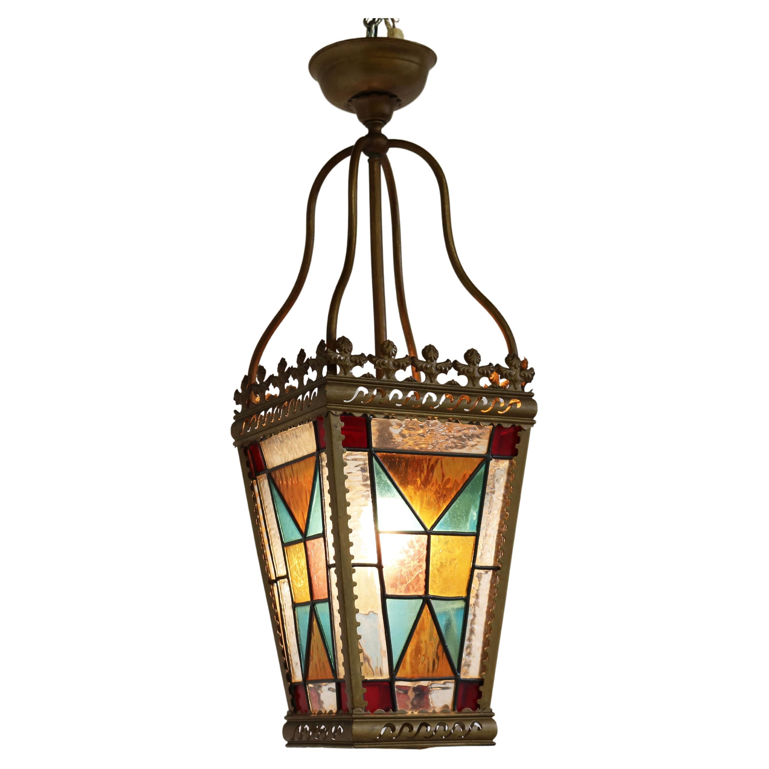 Early 1900 English Victorian Lantern Light Hallway Stained Glass Brass Pendant