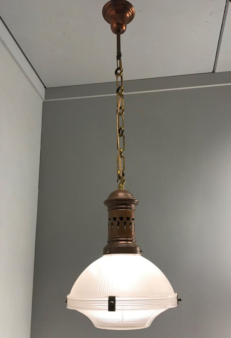 Early 1900 French Arts & Crafts Holophane Copper and Glass Pendant Light, Marked For Sale 4