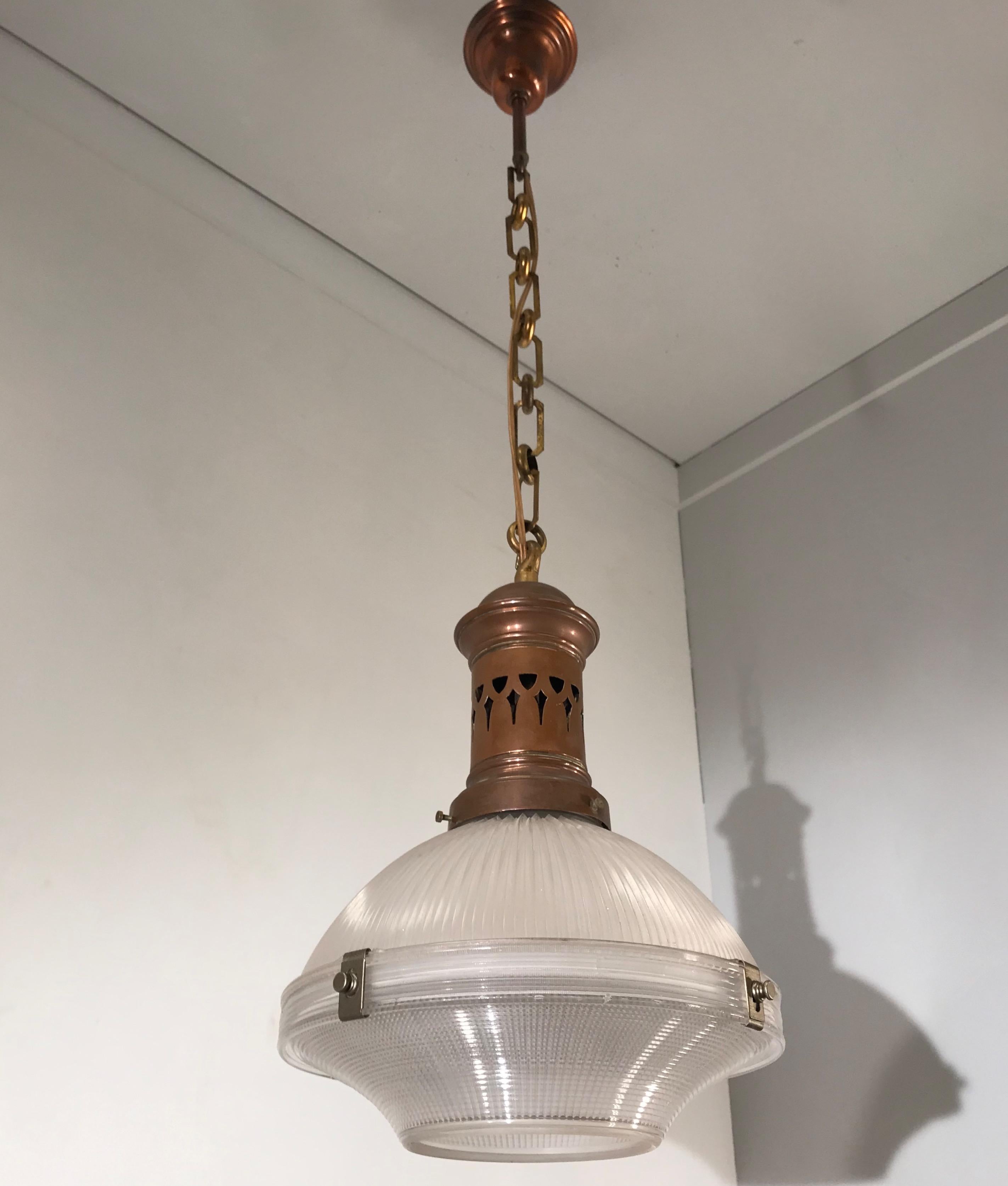 Early 1900 French Arts & Crafts Holophane Copper and Glass Pendant Light, Marked For Sale 6