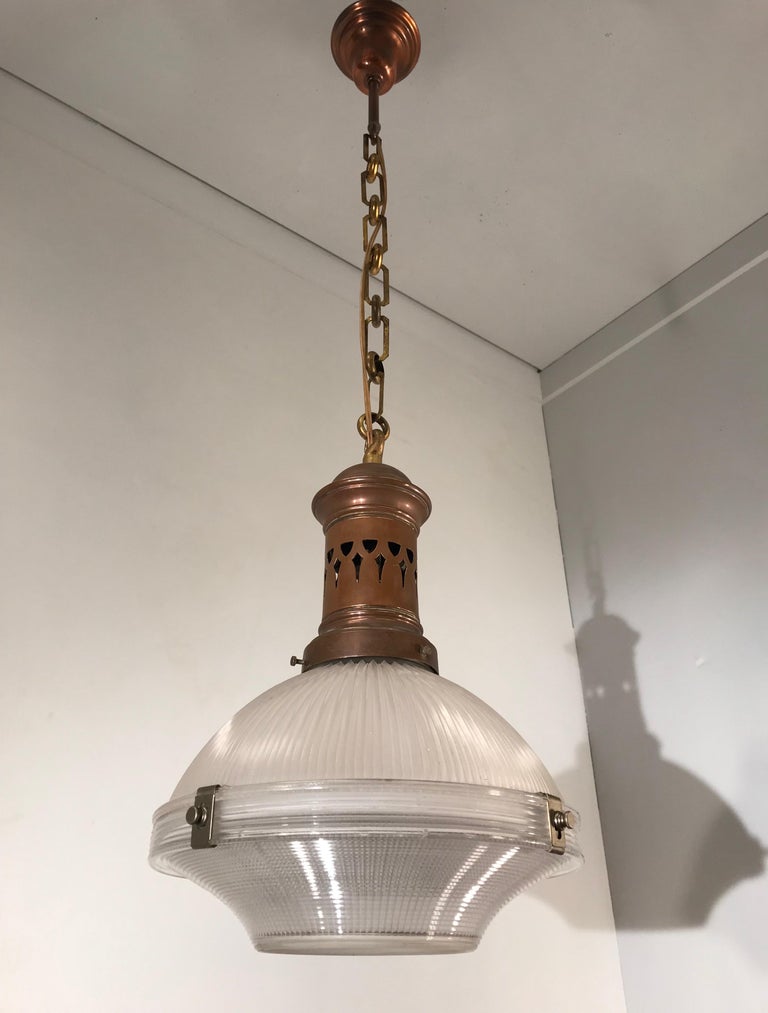 Early 1900 French Arts & Crafts Holophane Copper and Glass Pendant Light, Marked For Sale 9
