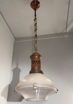 Early 1900 French Arts & Crafts Holophane Copper and Glass Pendant Light, Marked