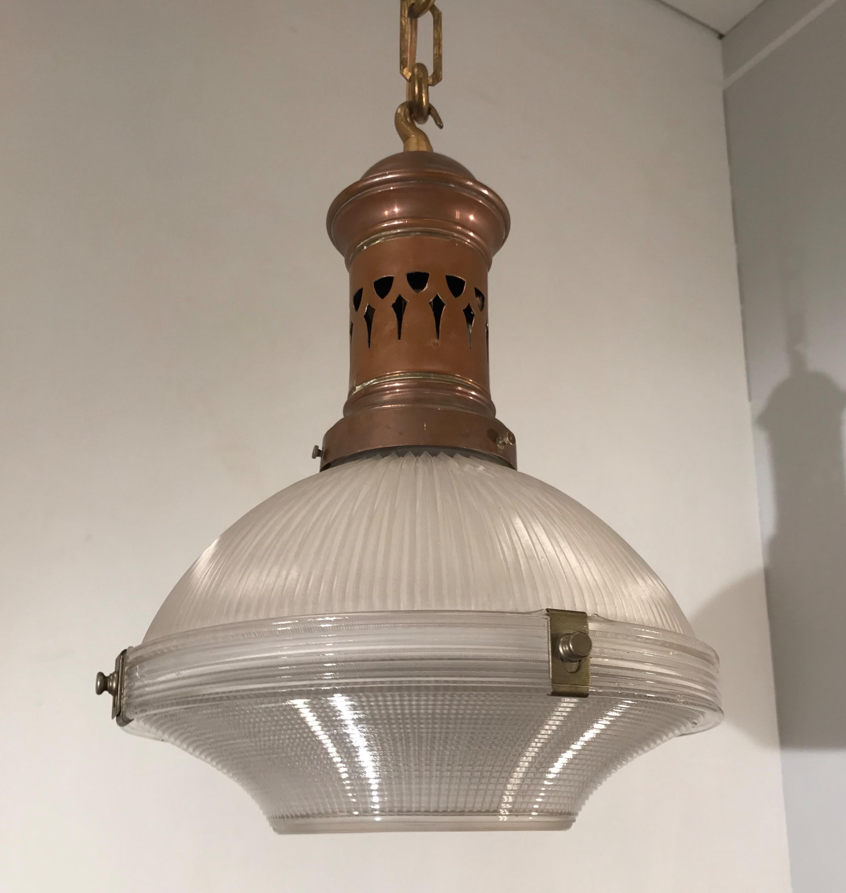 Early 1900 French Arts & Crafts Holophane Copper and Glass Pendant Light, Marked For Sale 12