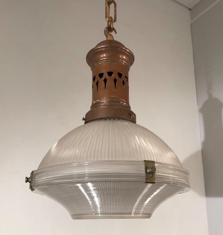 Early 1900 French Arts & Crafts Holophane Copper and Glass Pendant Light, Marked For Sale 13