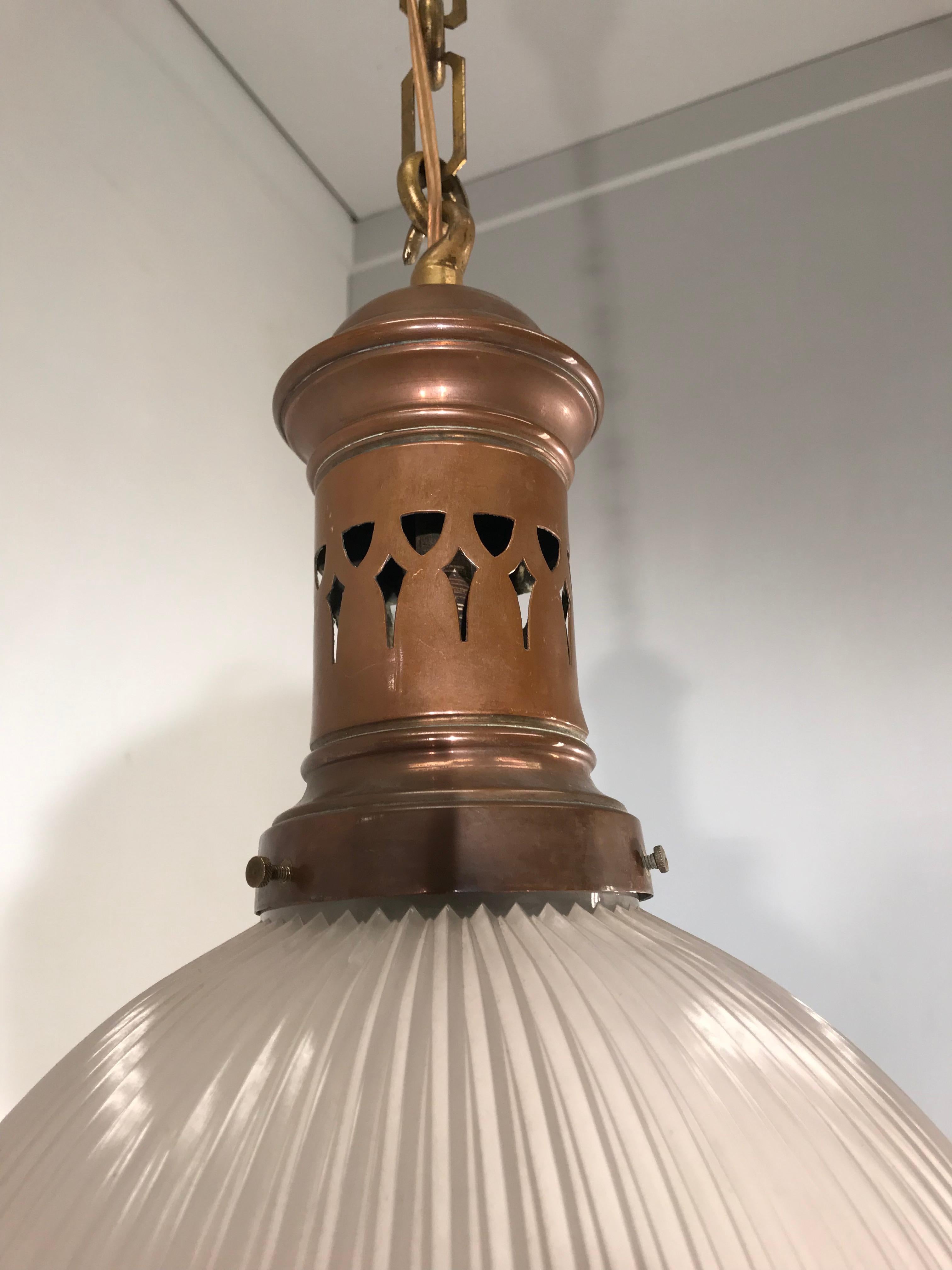 Arts and Crafts Early 1900 French Arts & Crafts Holophane Copper and Glass Pendant Light, Marked For Sale
