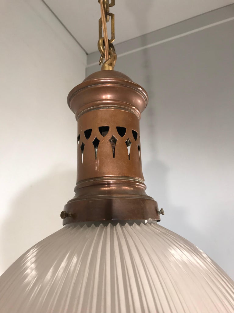 Hand-Crafted Early 1900 French Arts & Crafts Holophane Copper and Glass Pendant Light, Marked For Sale