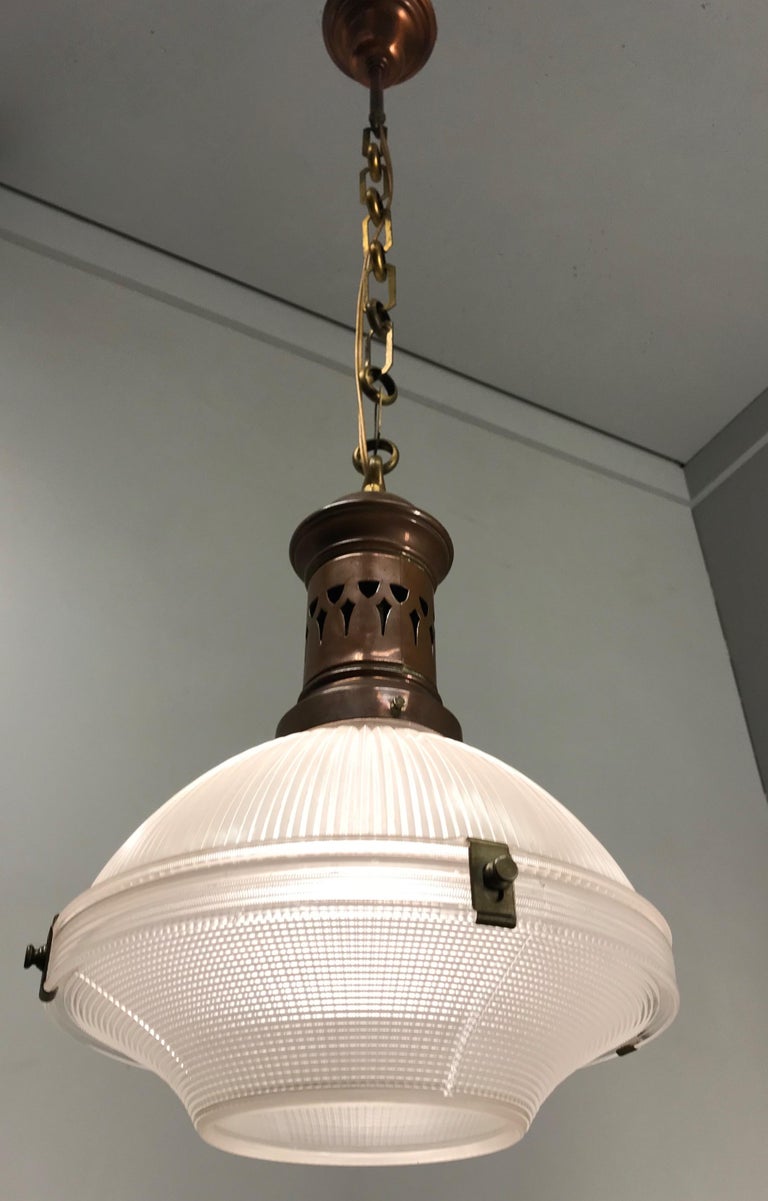 Early 1900 French Arts & Crafts Holophane Copper and Glass Pendant Light, Marked For Sale 2