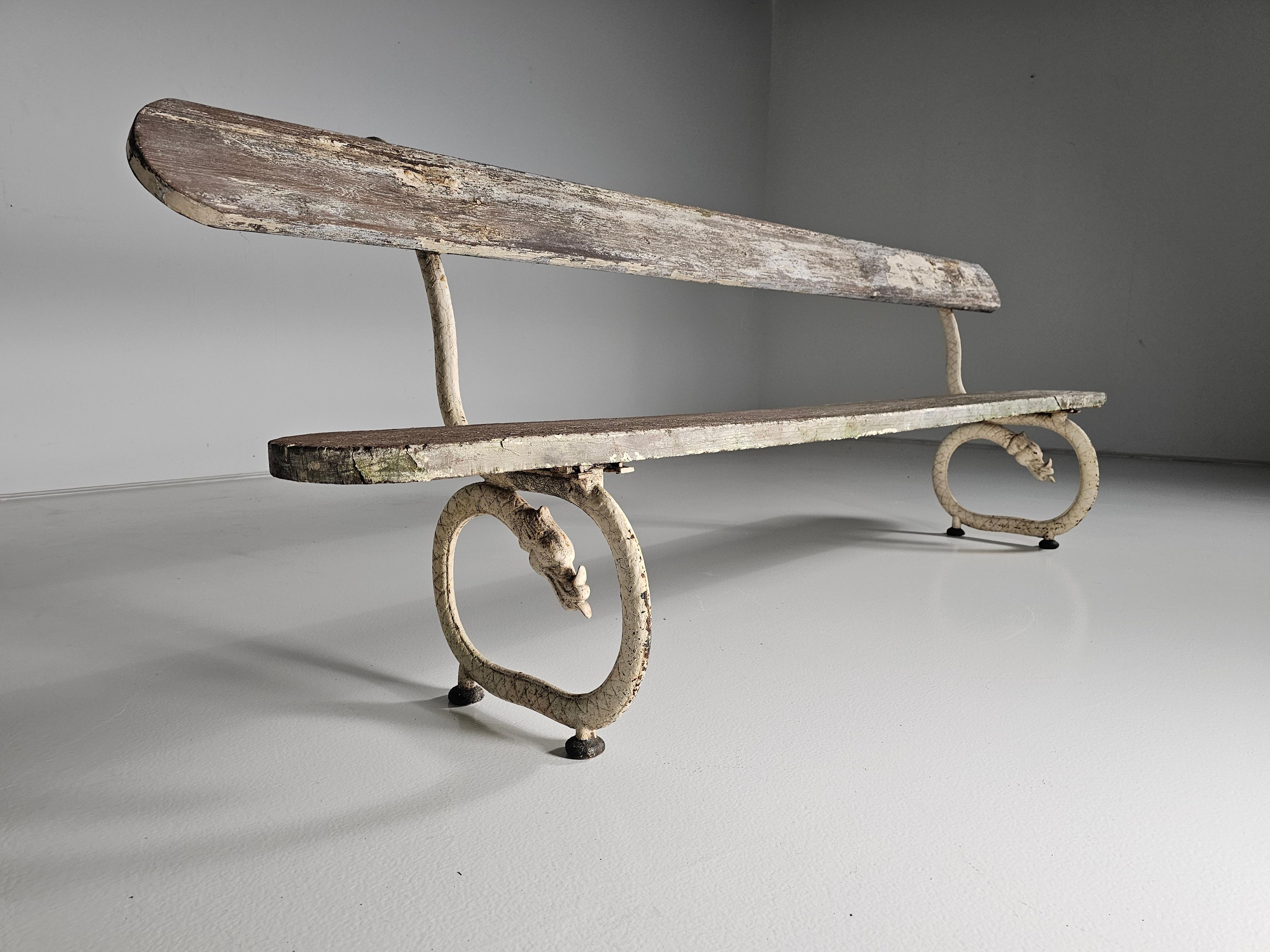 European Early 1900 French Garden Bench with Dragons and Arrows For Sale
