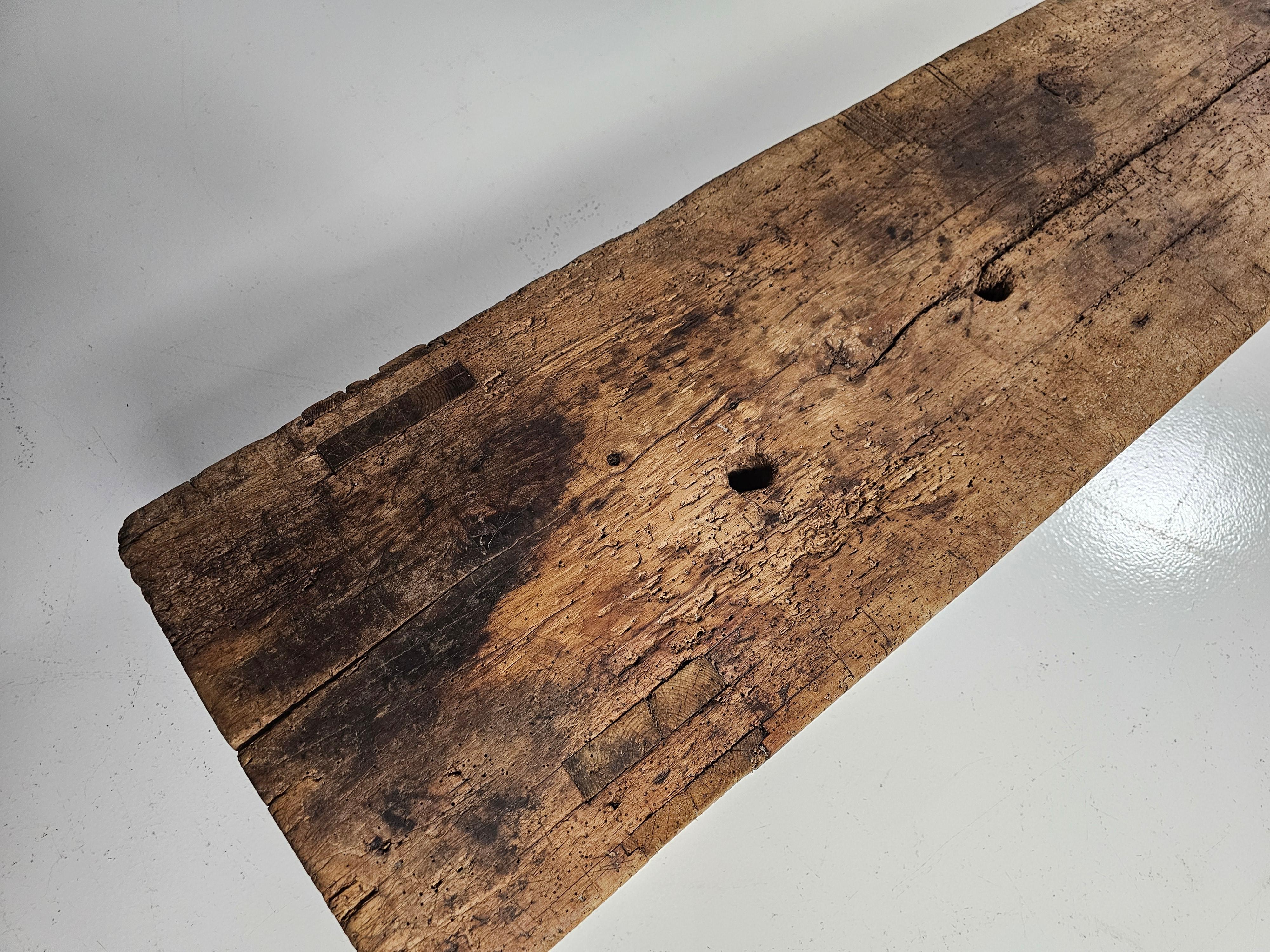 Early 1900 French wabi-sabi style long seat wooden bench 5
