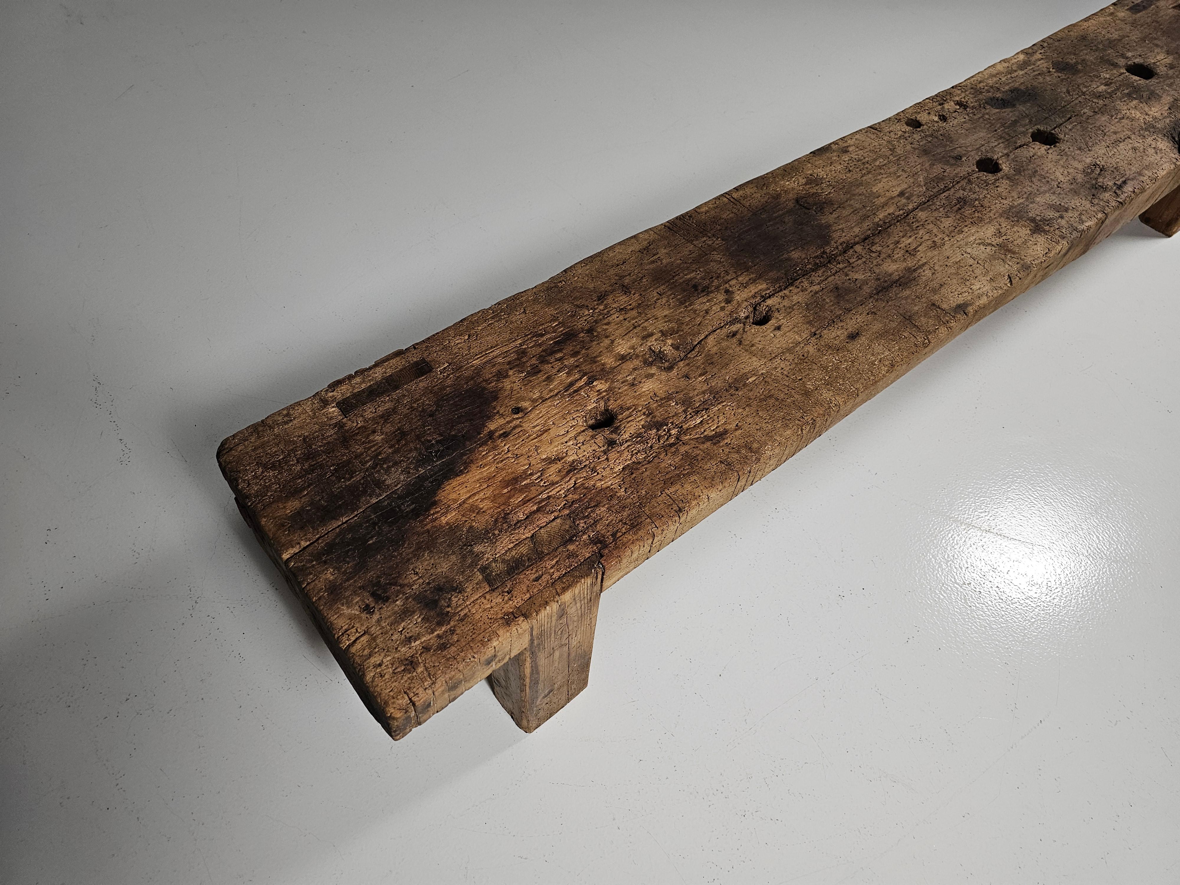 Early 1900 French wabi-sabi style long seat wooden bench 6
