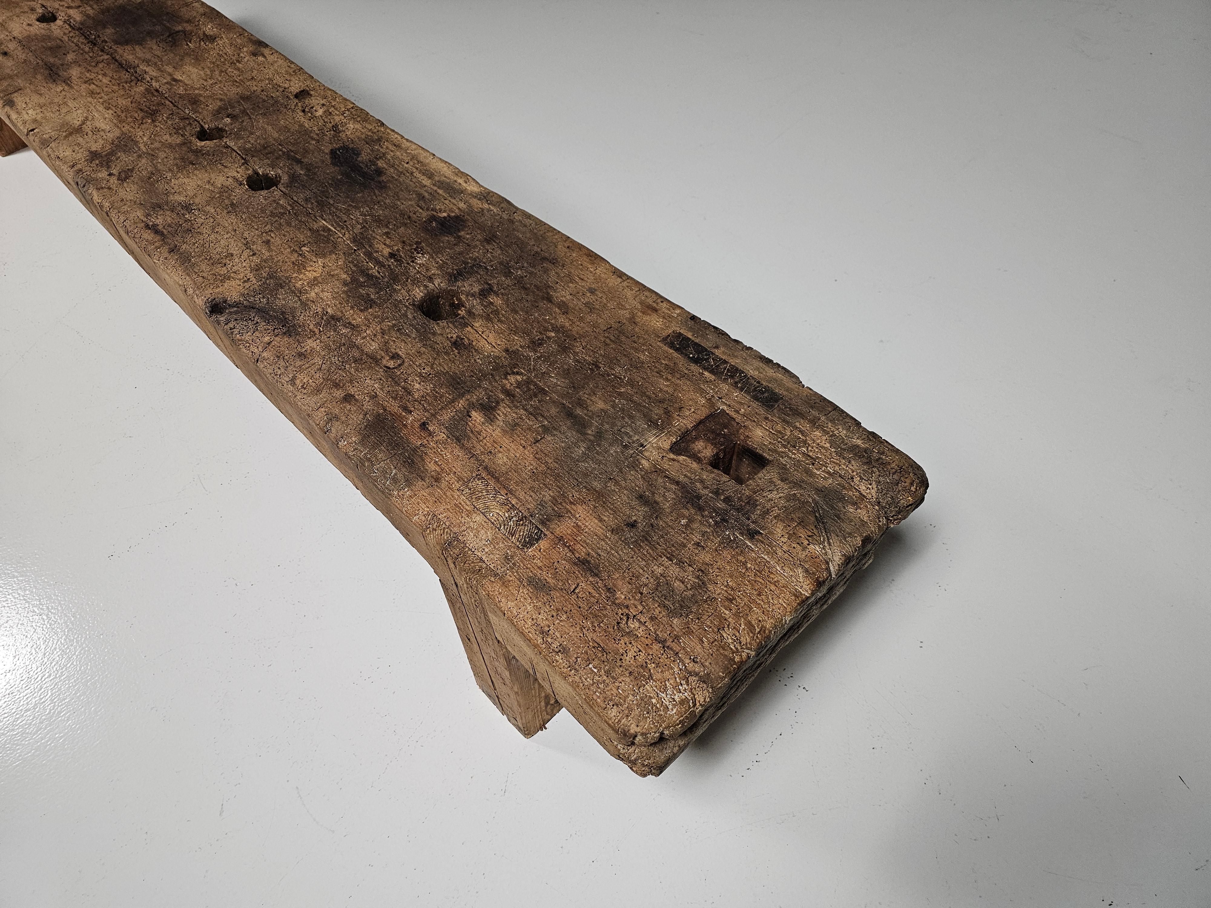 Early 1900 French wabi-sabi style long seat wooden bench 7
