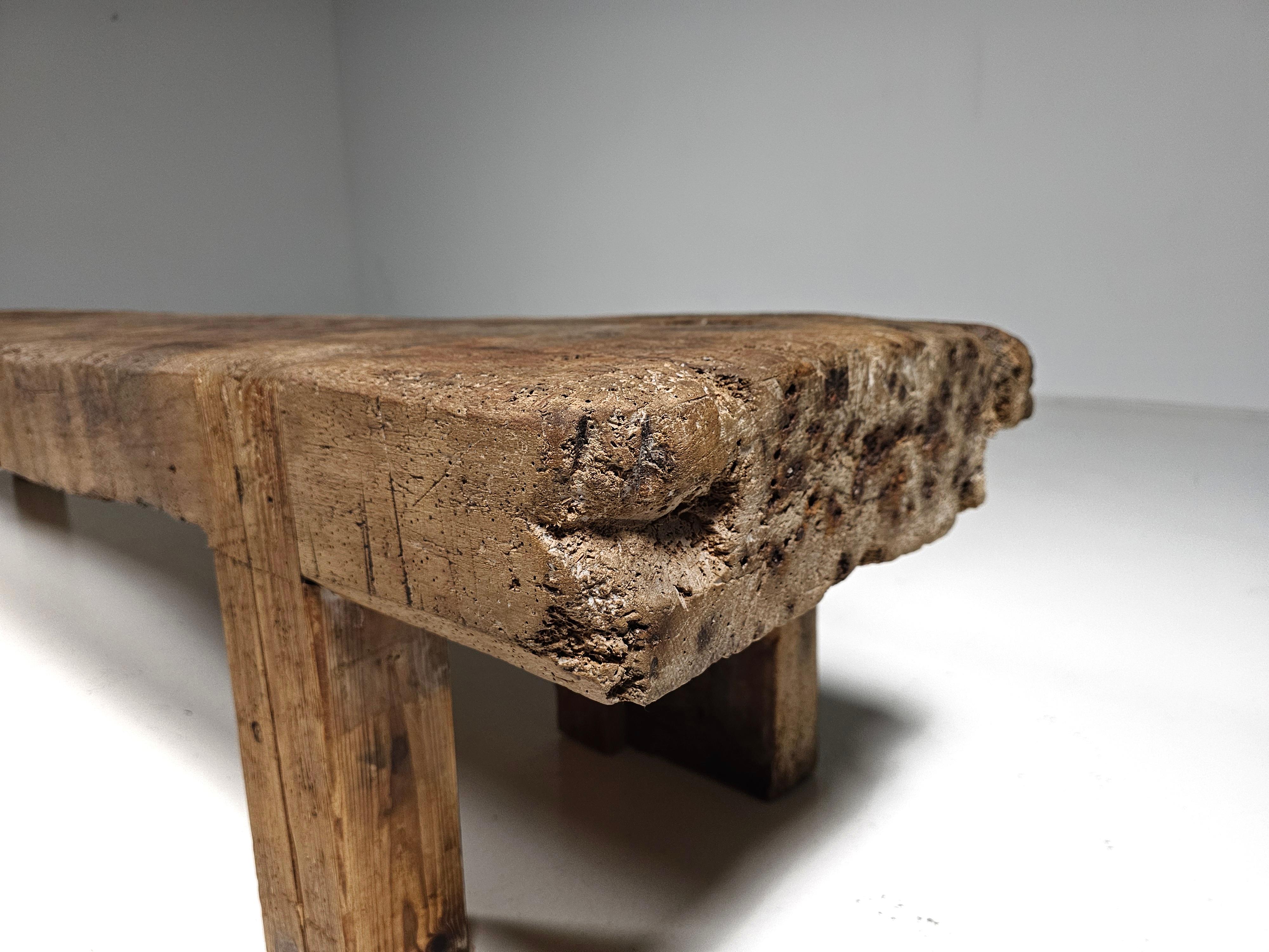 Early 1900 French wabi-sabi style long seat wooden bench 8