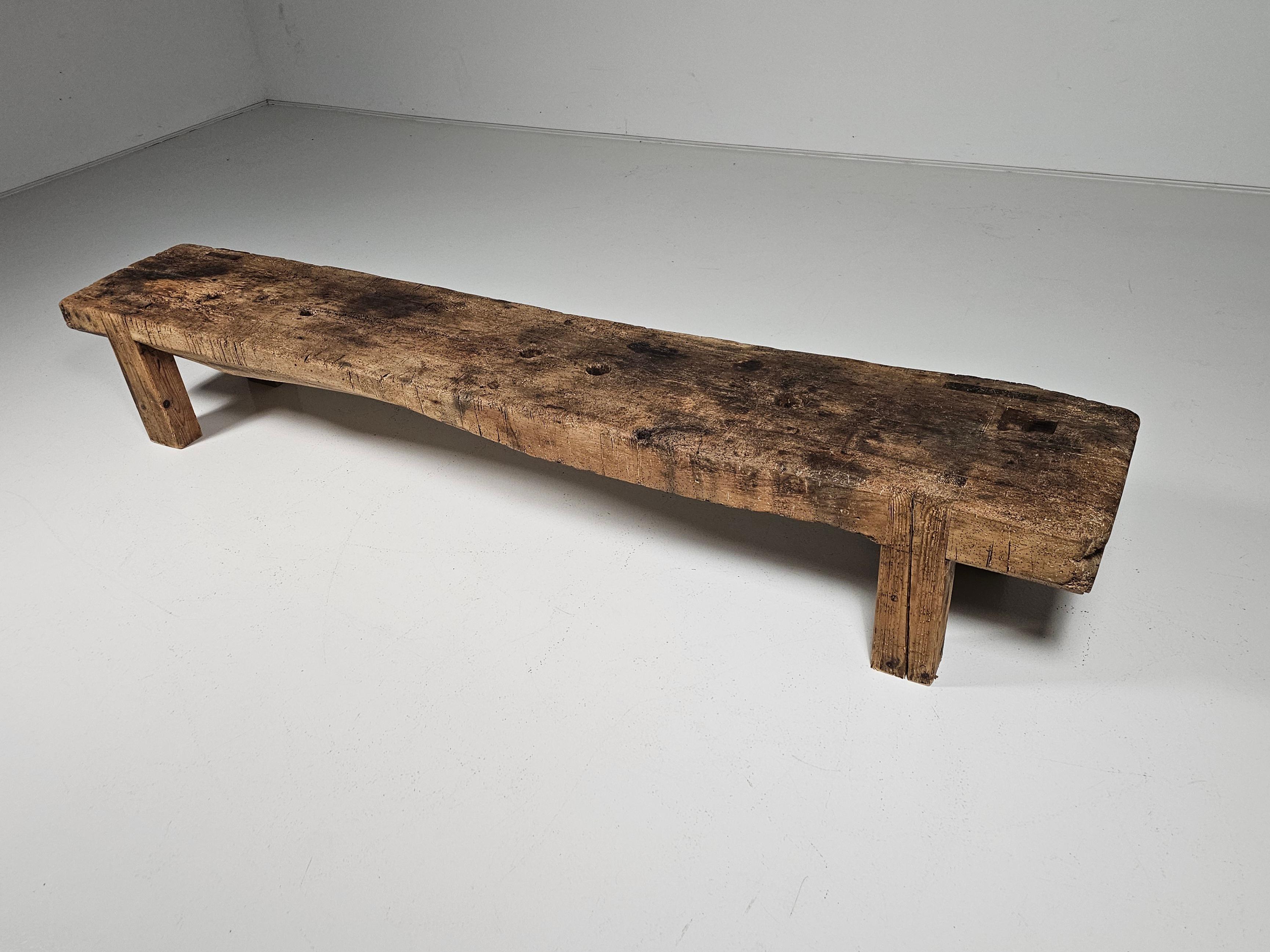 French Provincial Early 1900 French wabi-sabi style long seat wooden bench