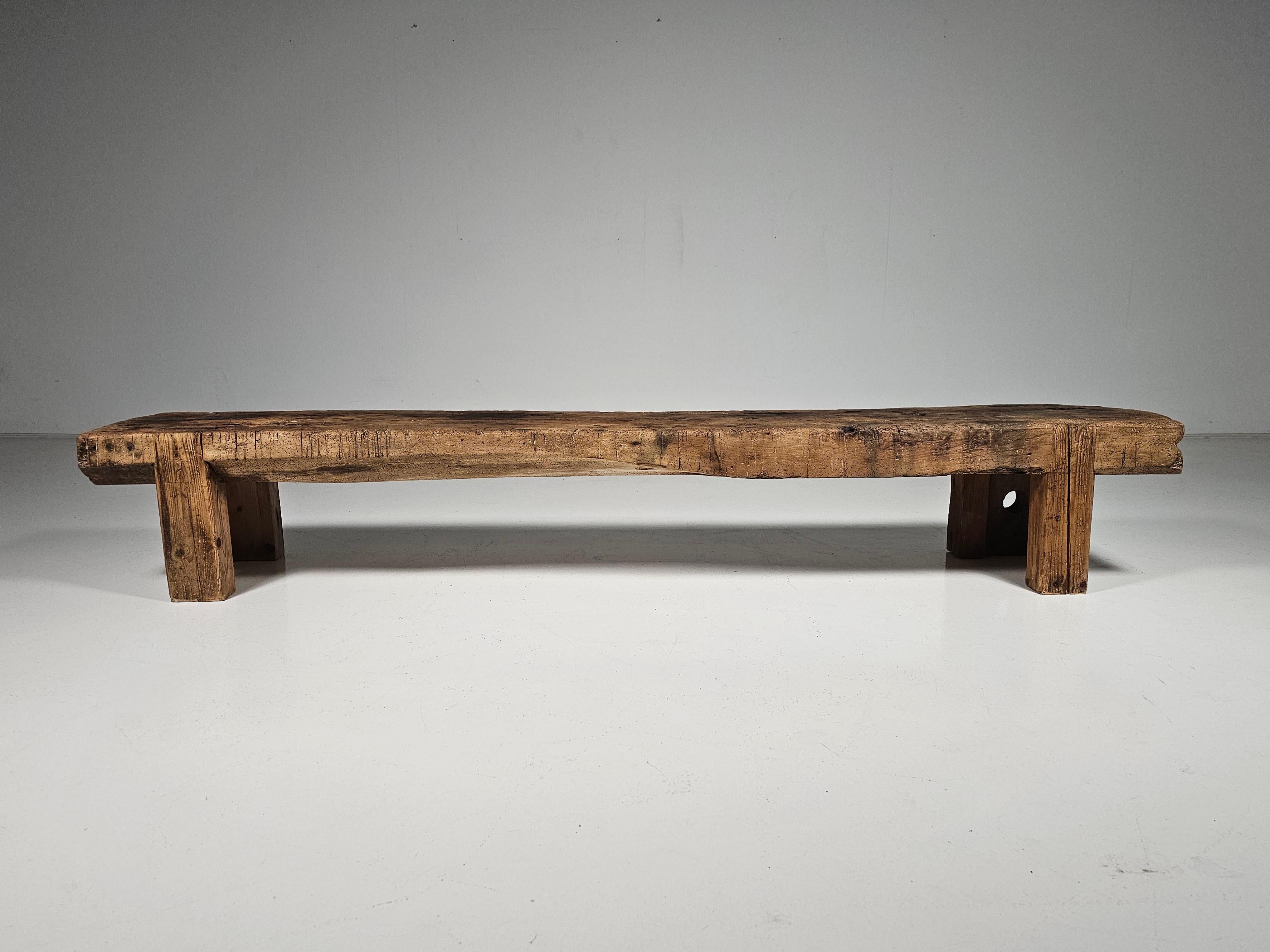 Early 1900 French wabi-sabi style long seat wooden bench In Fair Condition In amstelveen, NL