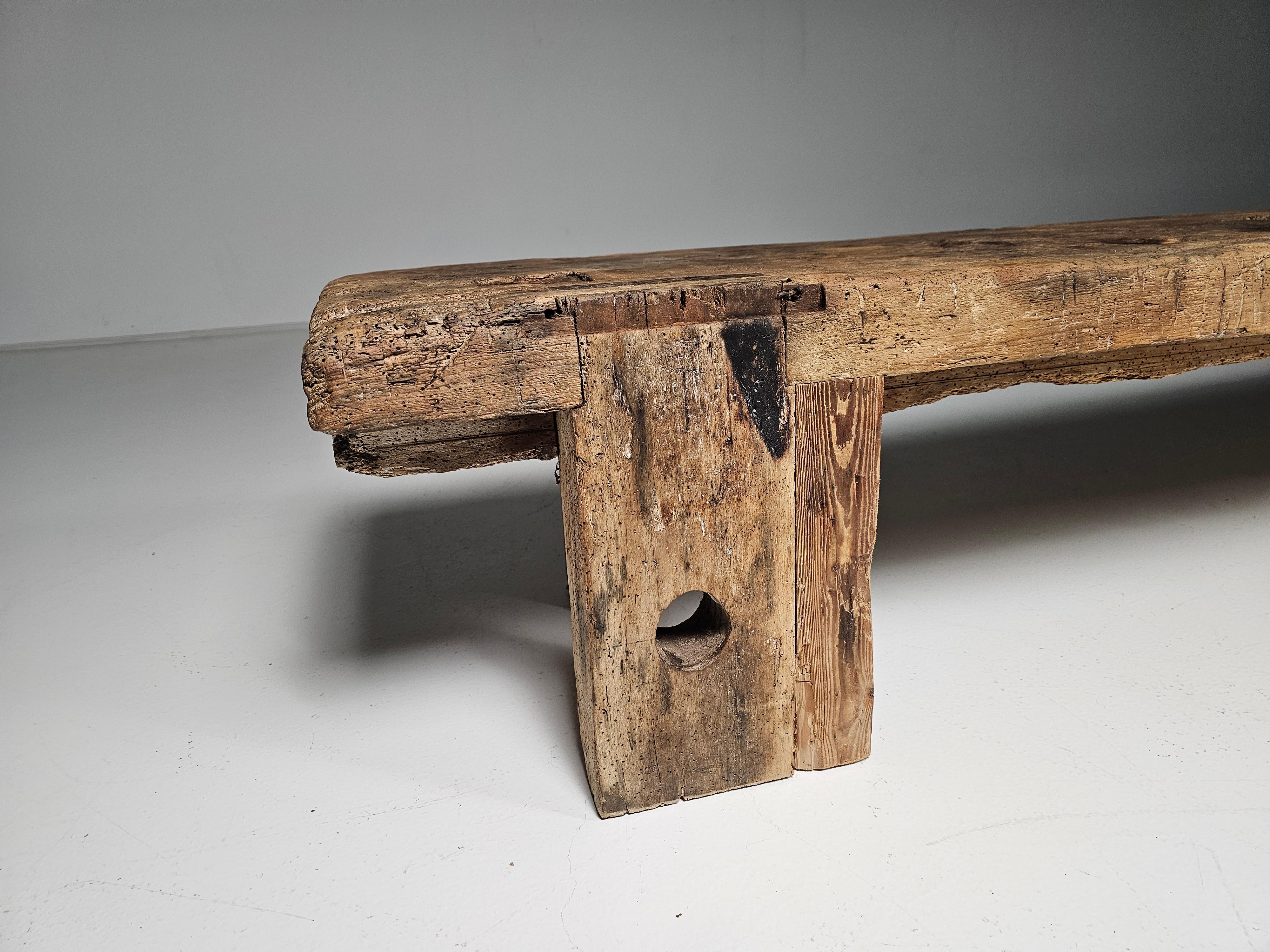 Pine Early 1900 French wabi-sabi style long seat wooden bench