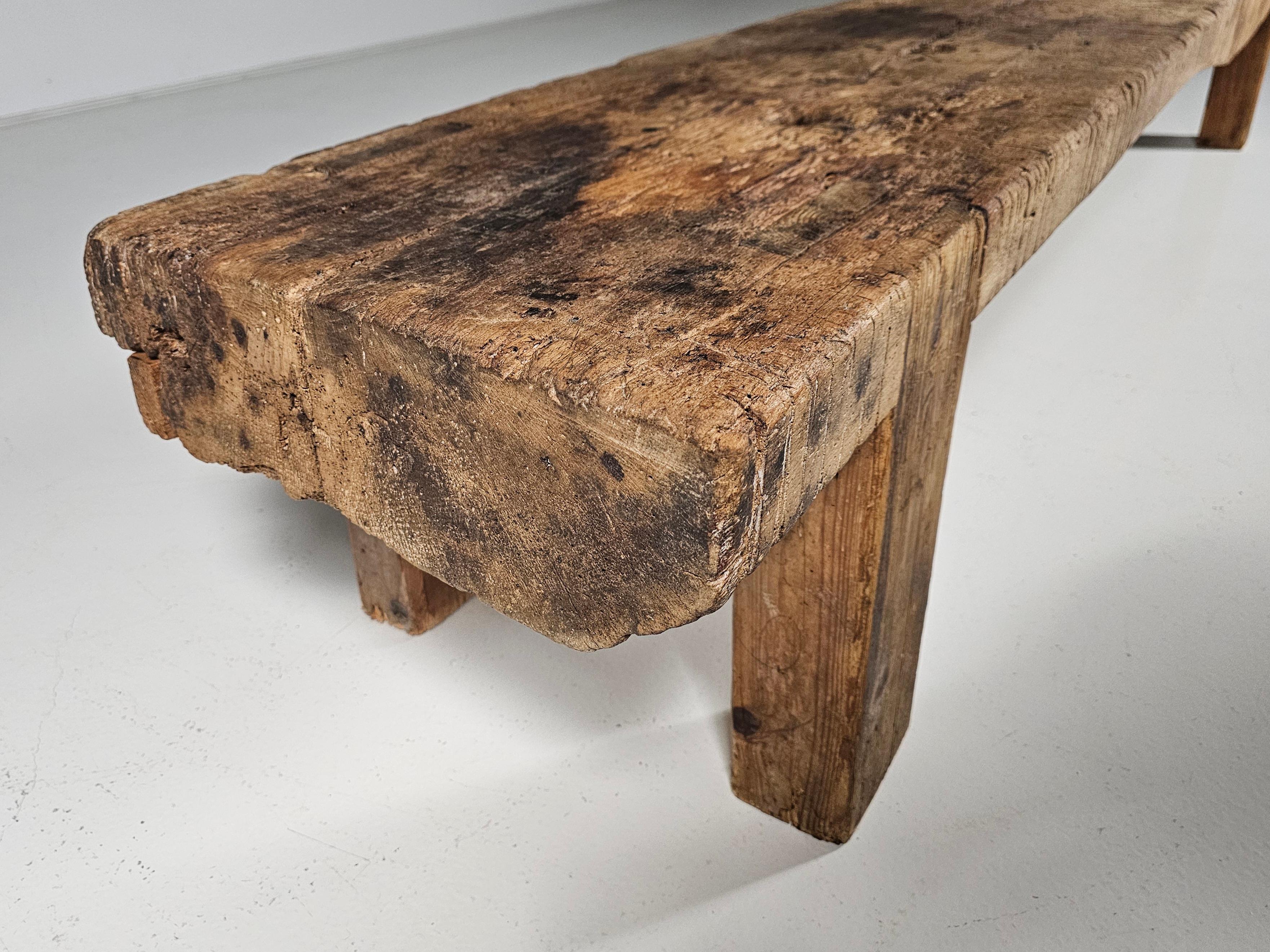 Early 1900 French wabi-sabi style long seat wooden bench 1