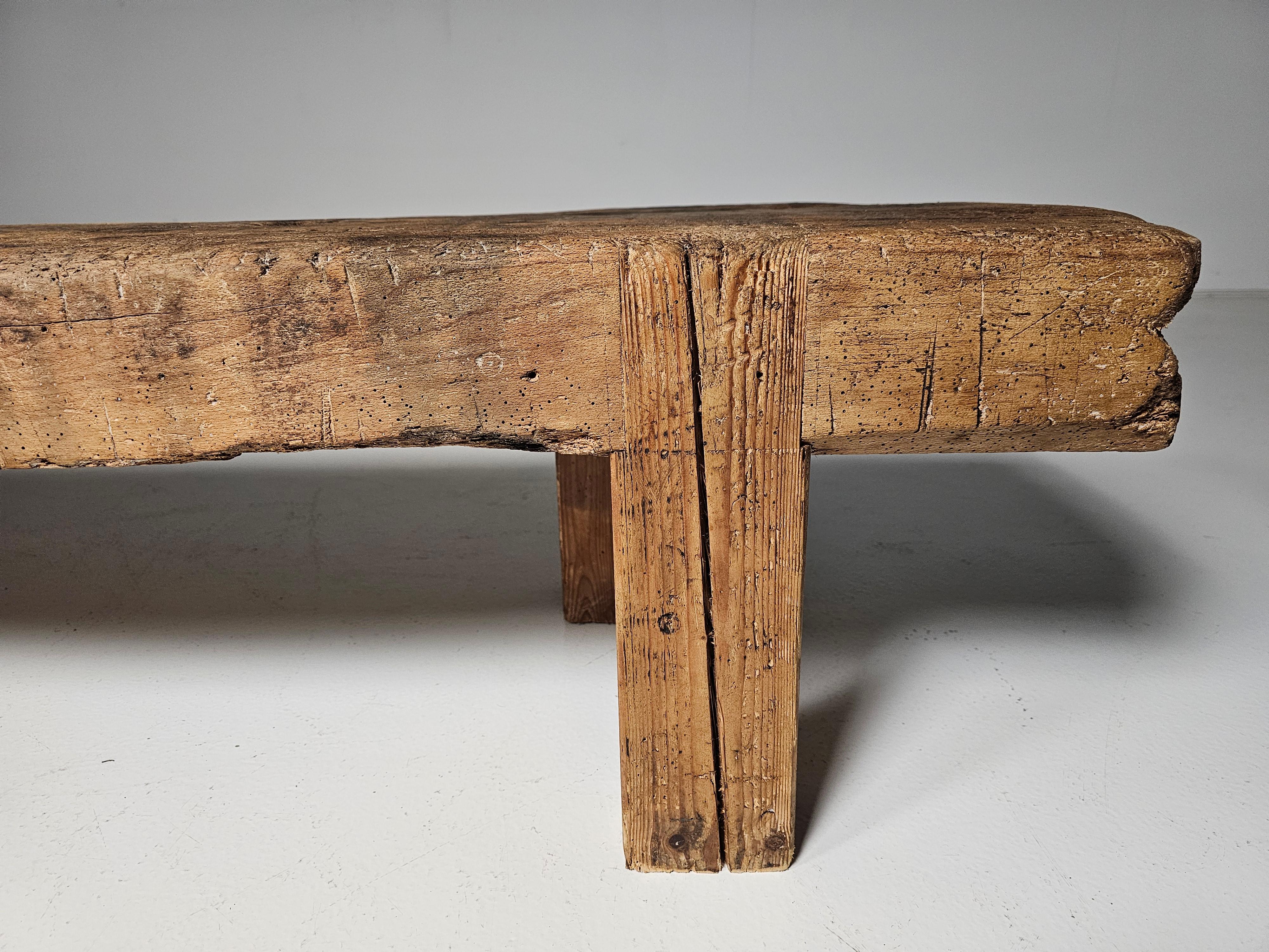 Early 1900 French wabi-sabi style long seat wooden bench 2