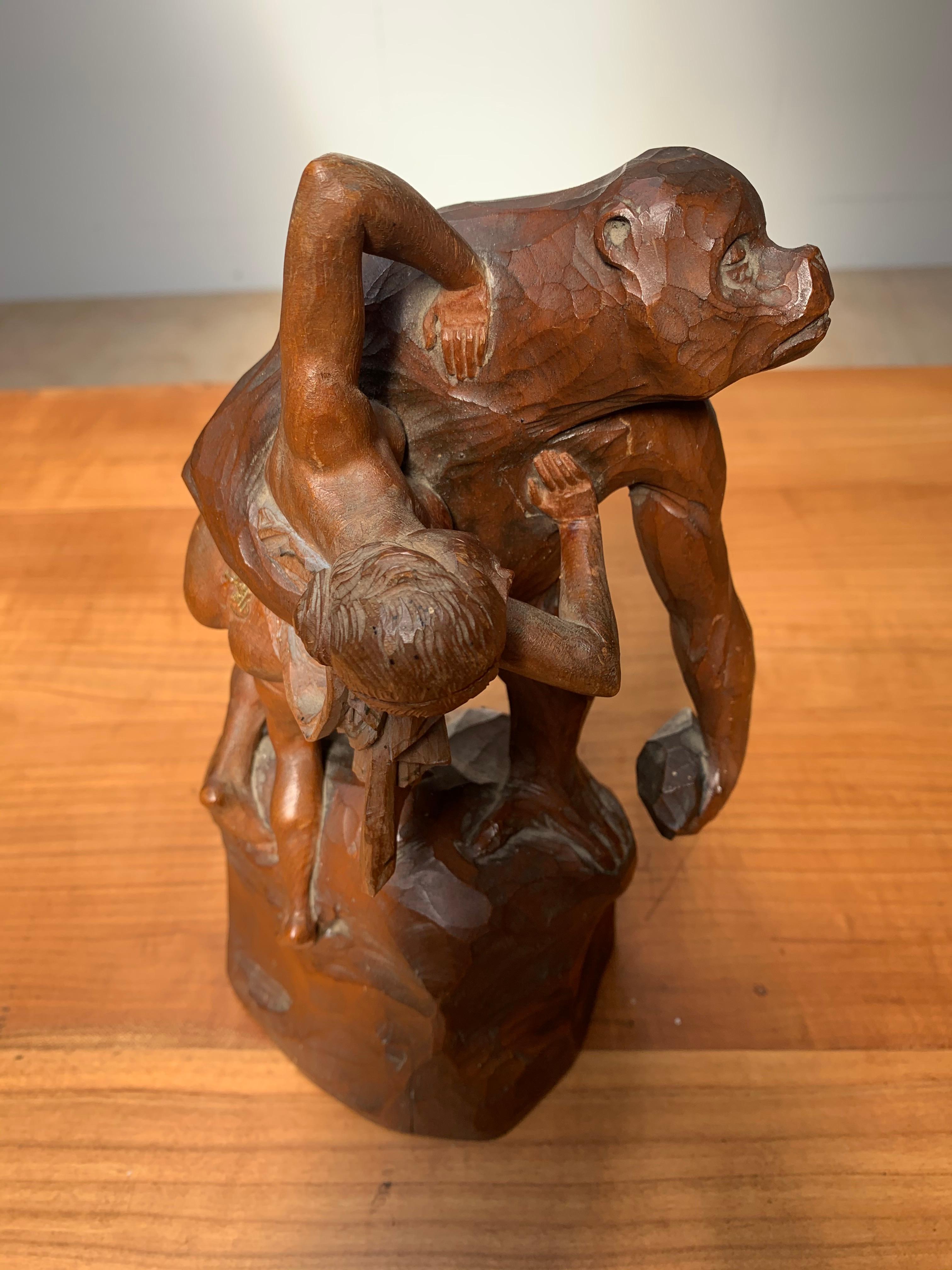 20th Century Early 1900 Gorilla Carrying off a Woman Crafted in Wood after Emmanuel Fremiet For Sale