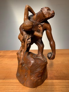 Early 1900 Gorilla Carrying off a Woman Crafted in Wood after Emmanuel Fremiet