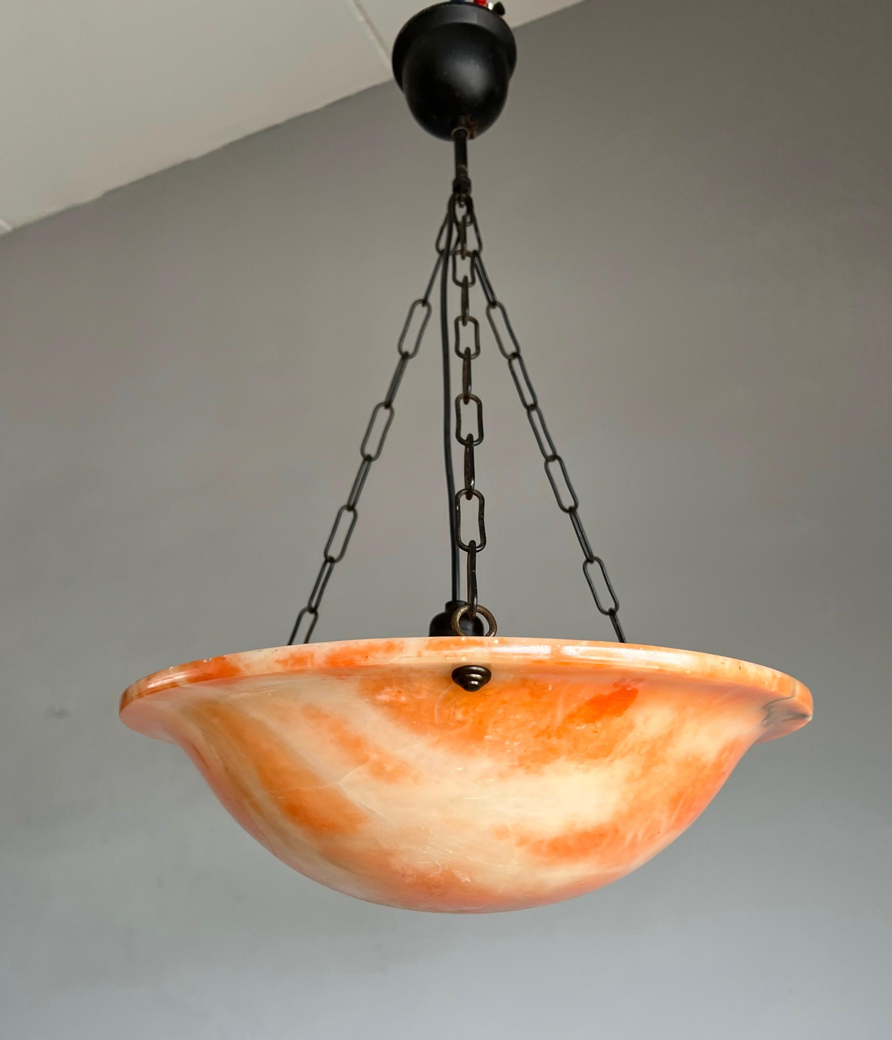 Early 1900 Great Shape & Orange Color Art Deco Alabaster Pendant Ceiling Light For Sale 3