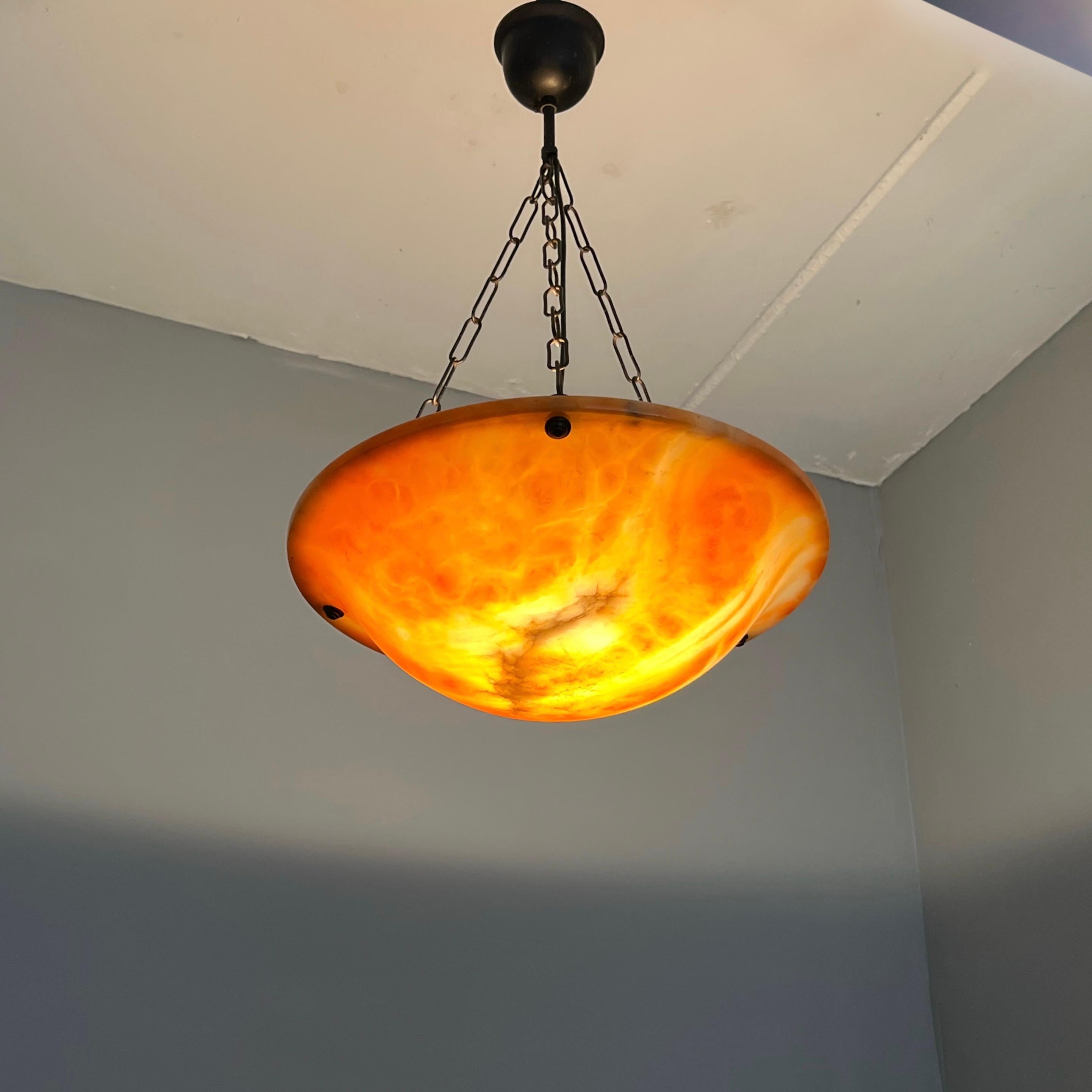Early 1900 Great Shape & Orange Color Art Deco Alabaster Pendant Ceiling Light For Sale 4