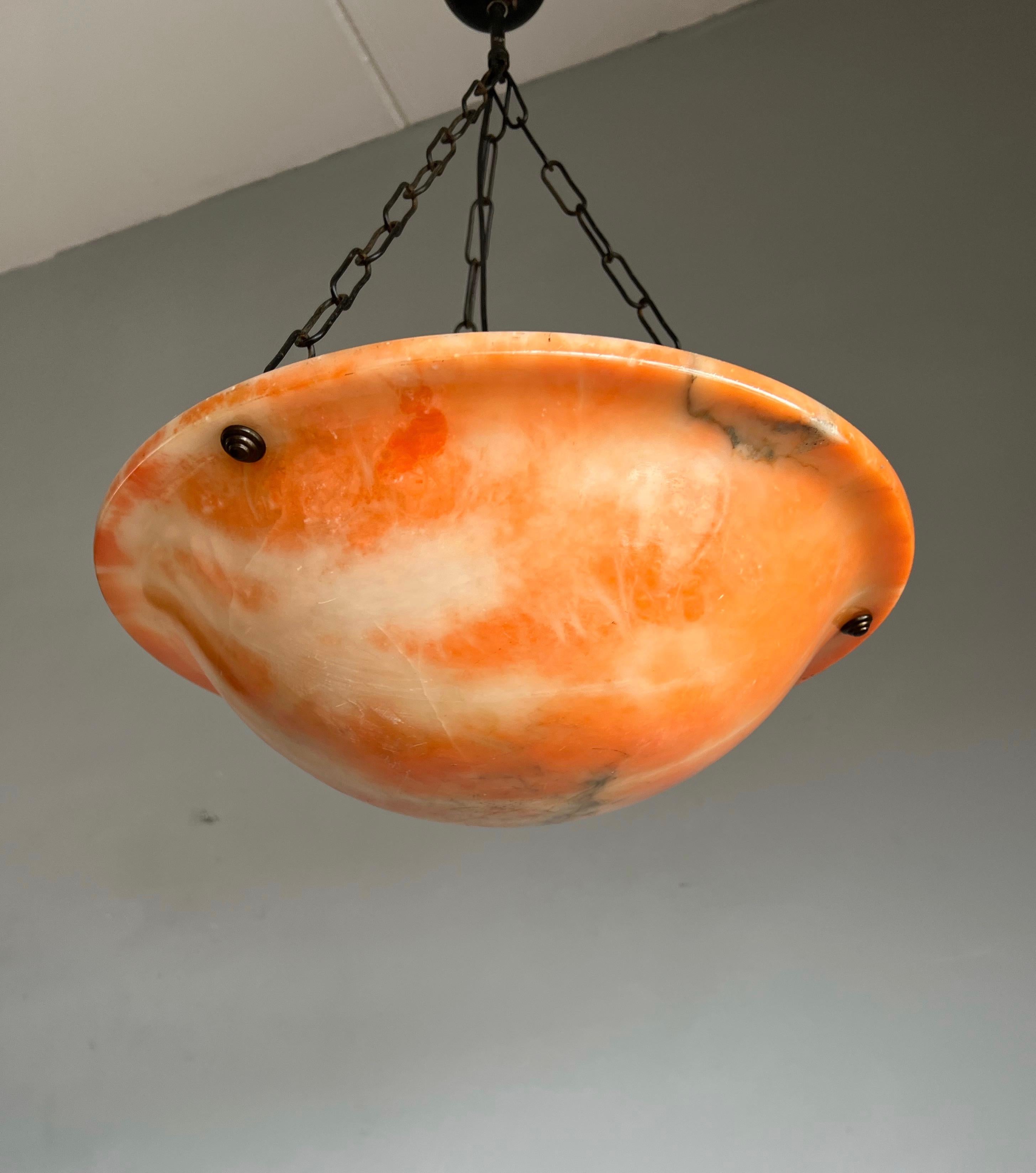 Early 1900 Great Shape & Orange Color Art Deco Alabaster Pendant Ceiling Light For Sale 7