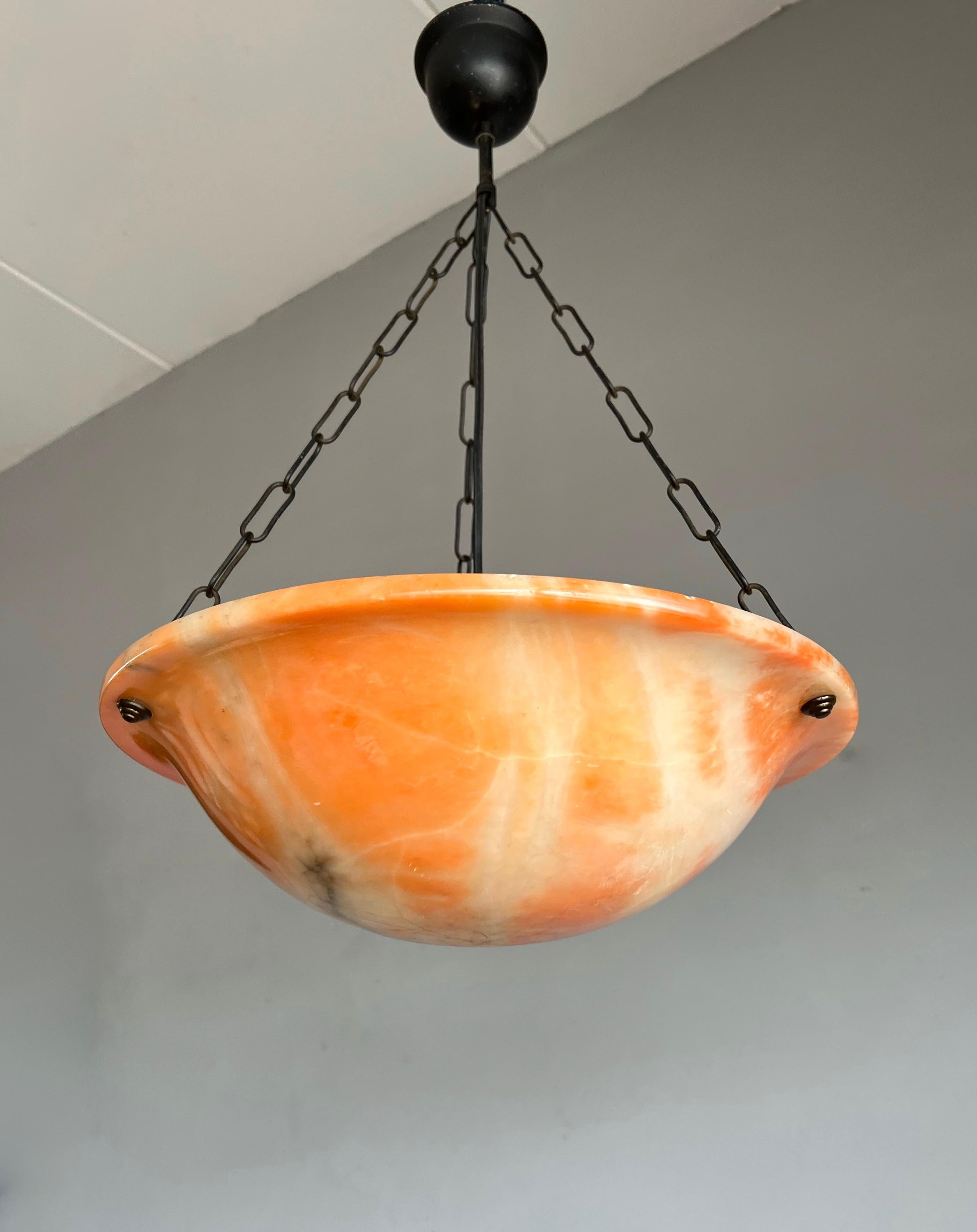 Early 1900 Great Shape & Orange Color Art Deco Alabaster Pendant Ceiling Light For Sale 8