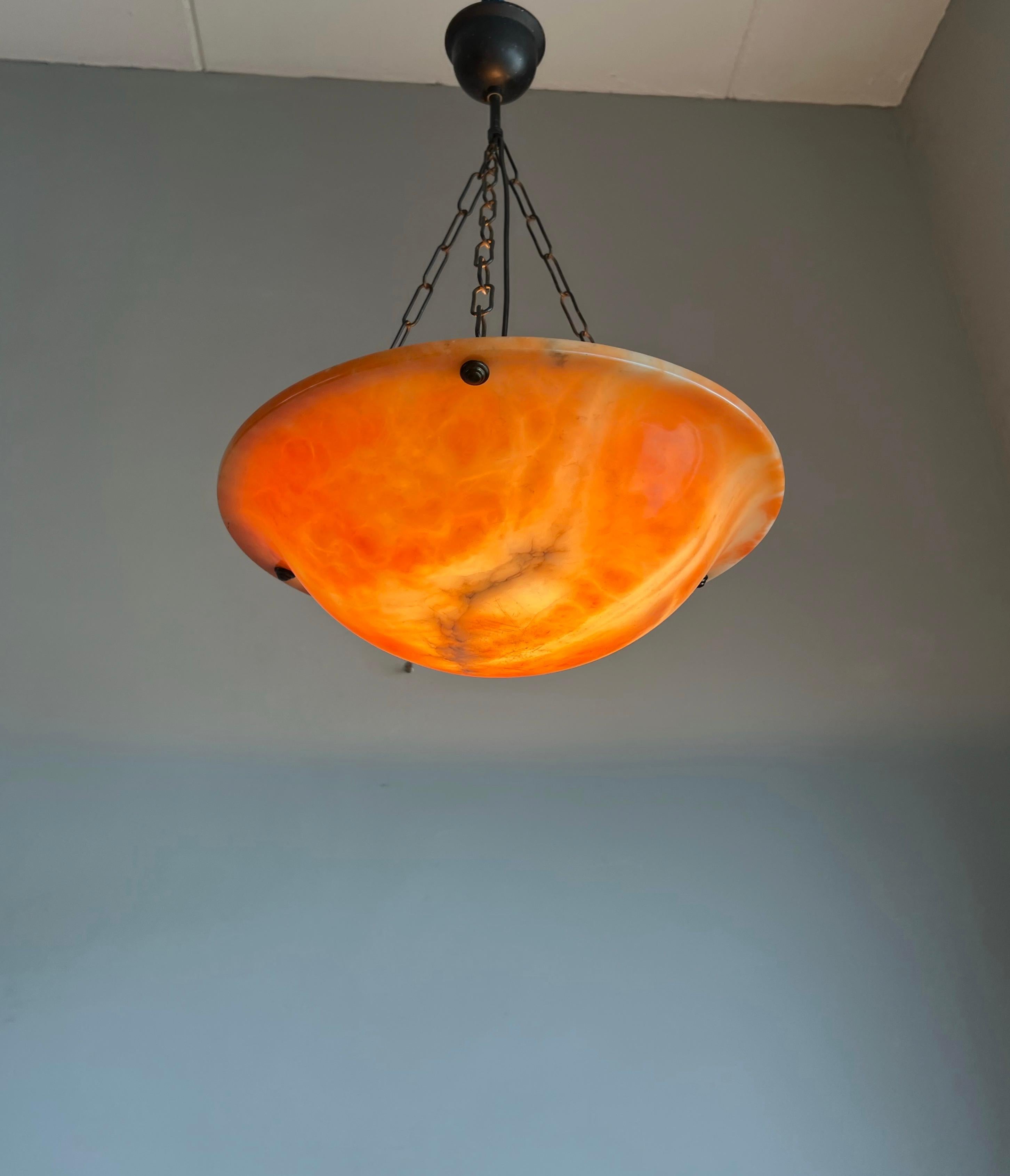 Early 1900 Great Shape & Orange Color Art Deco Alabaster Pendant Ceiling Light For Sale 9