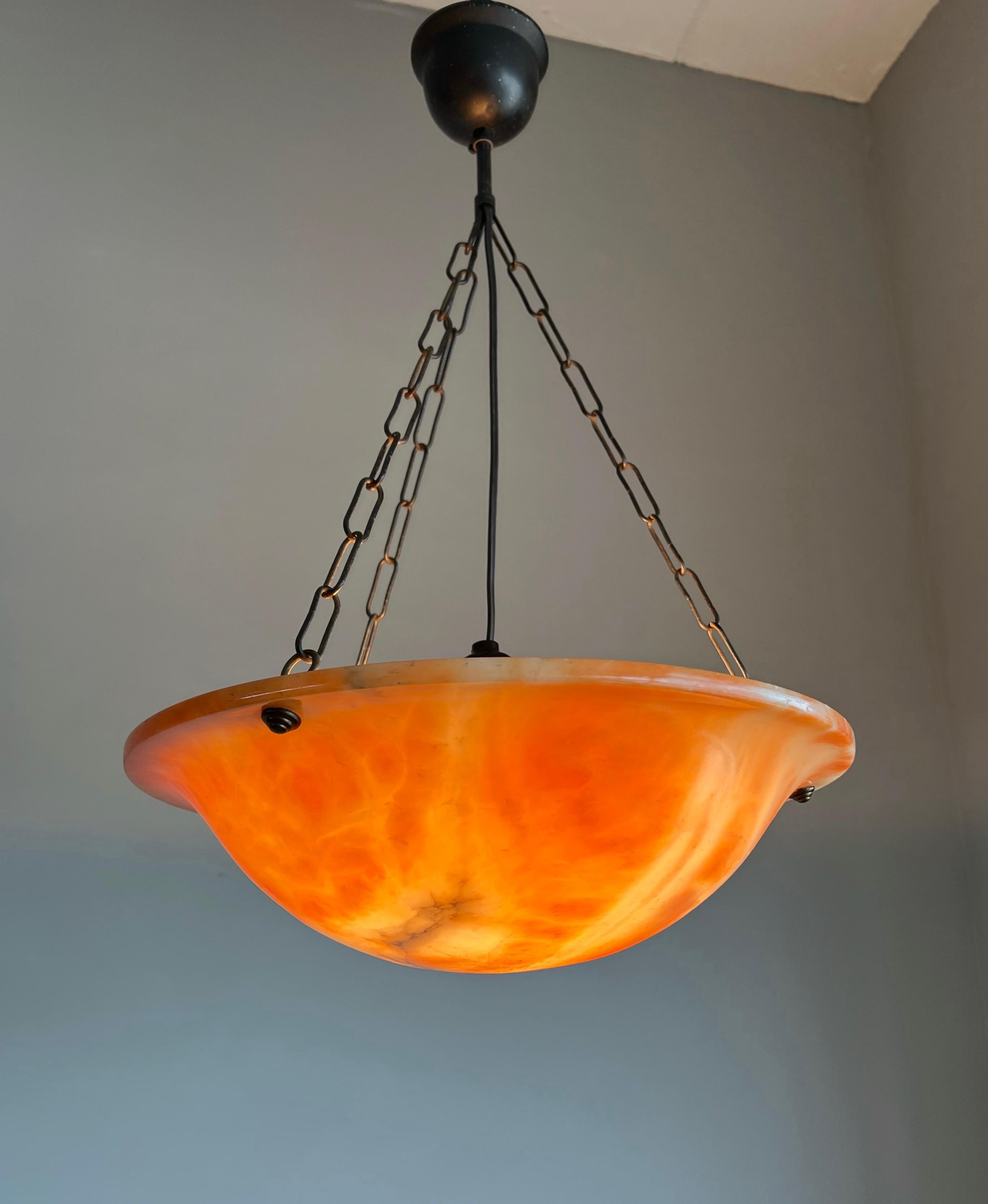 Early 1900 Great Shape & Orange Color Art Deco Alabaster Pendant Ceiling Light For Sale 10