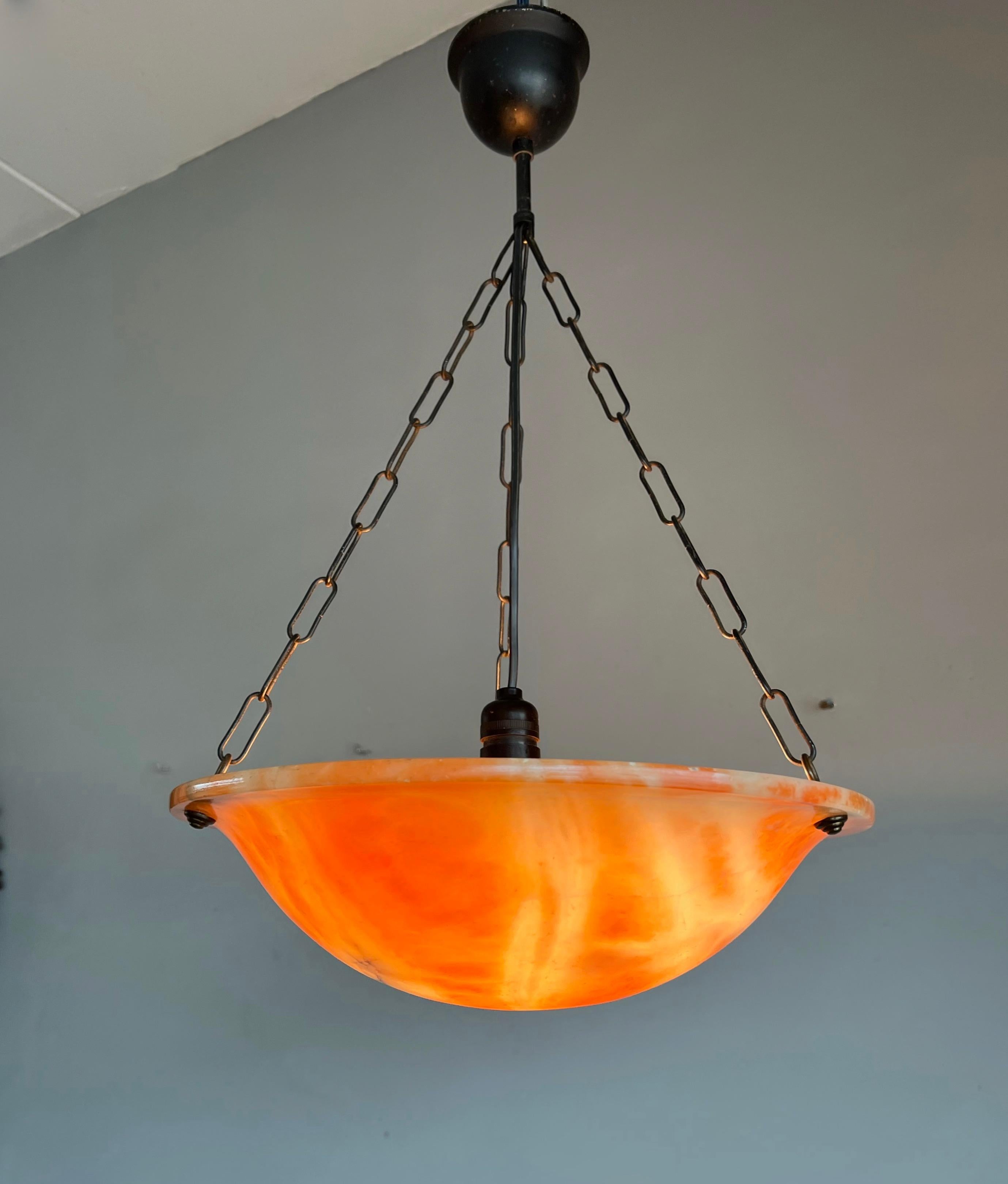 Early 1900 Great Shape & Orange Color Art Deco Alabaster Pendant Ceiling Light For Sale 11