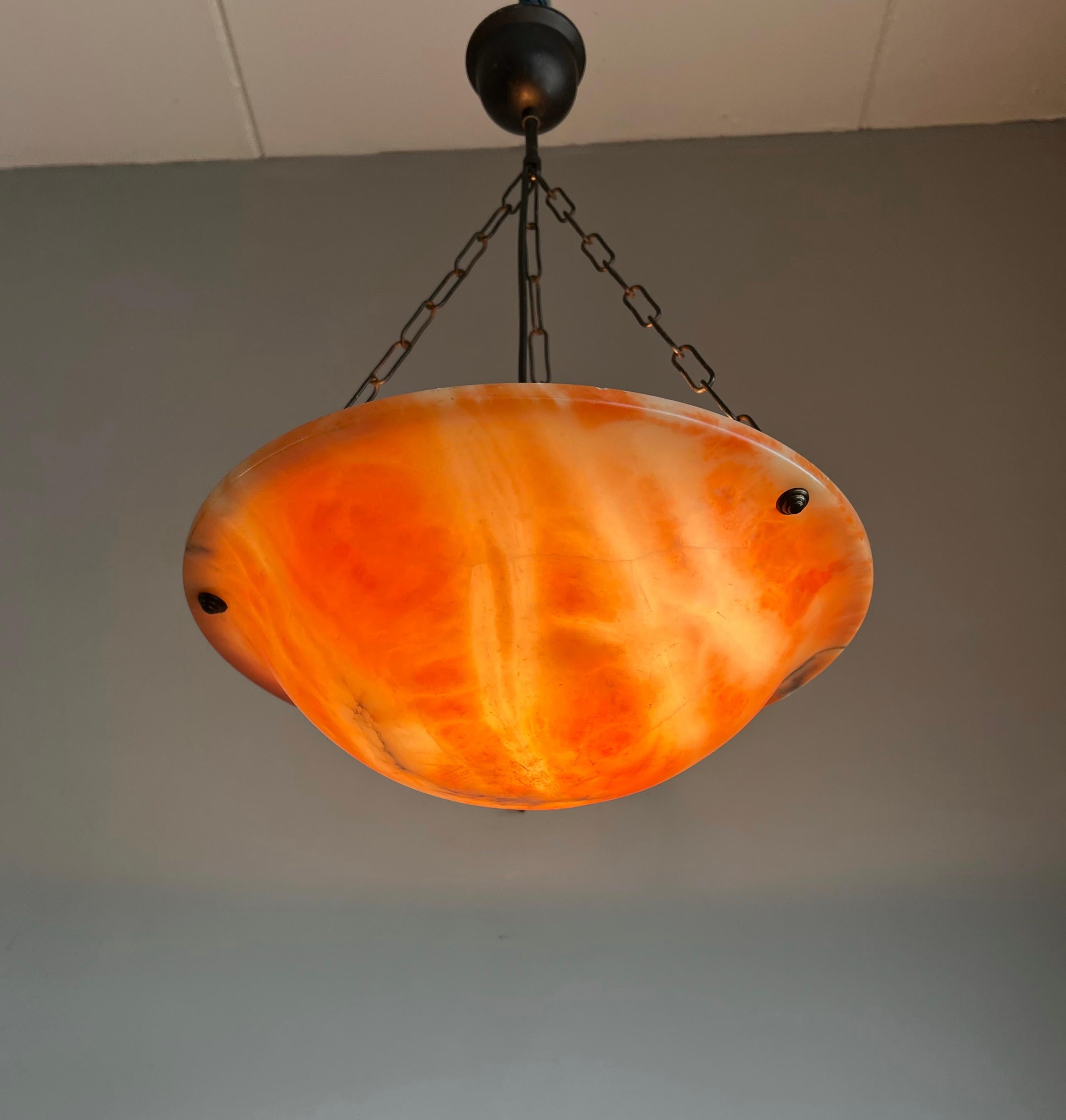 Early 1900 Great Shape & Orange Color Art Deco Alabaster Pendant Ceiling Light For Sale 12