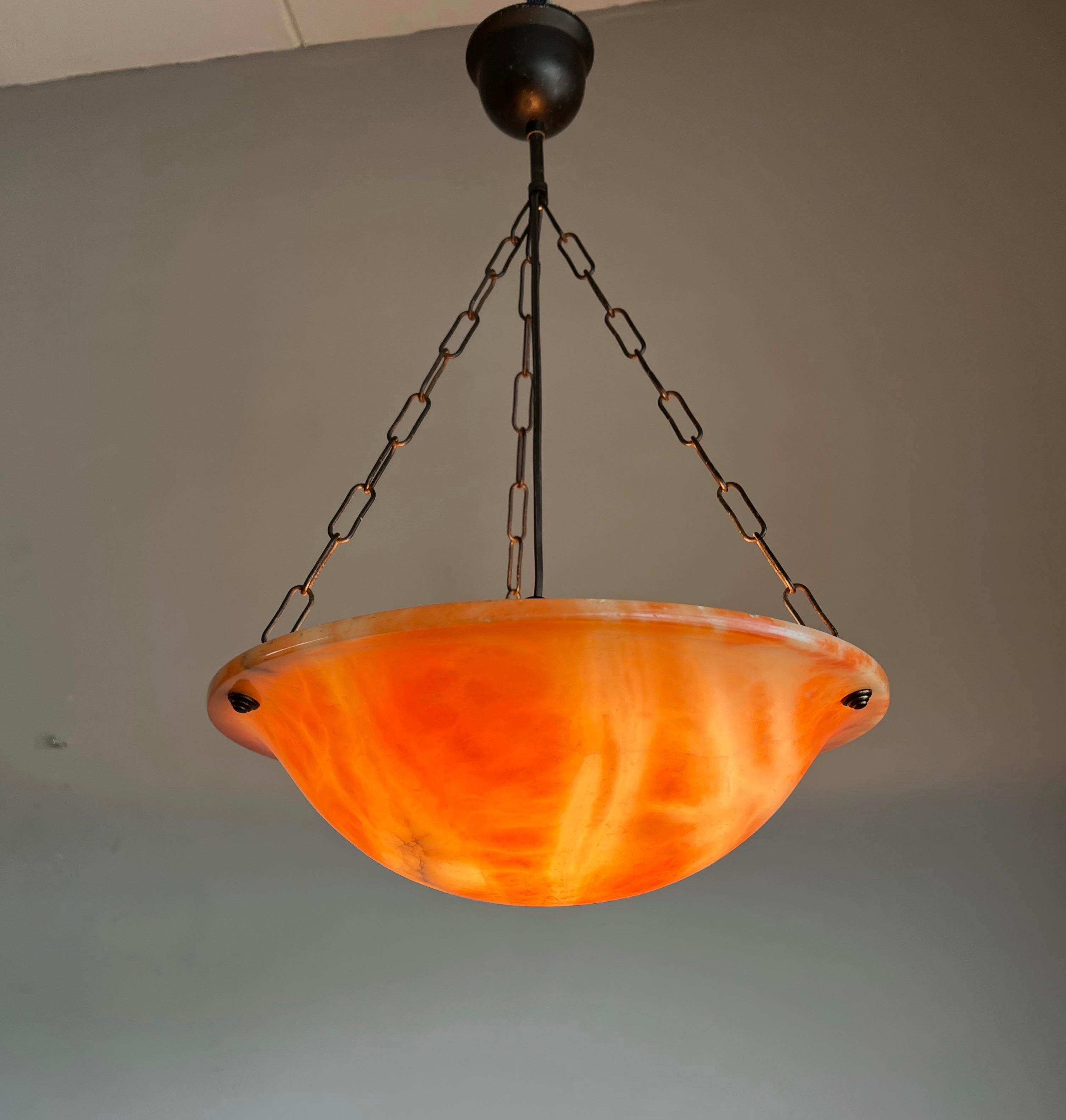 Italian Early 1900 Great Shape & Orange Color Art Deco Alabaster Pendant Ceiling Light For Sale