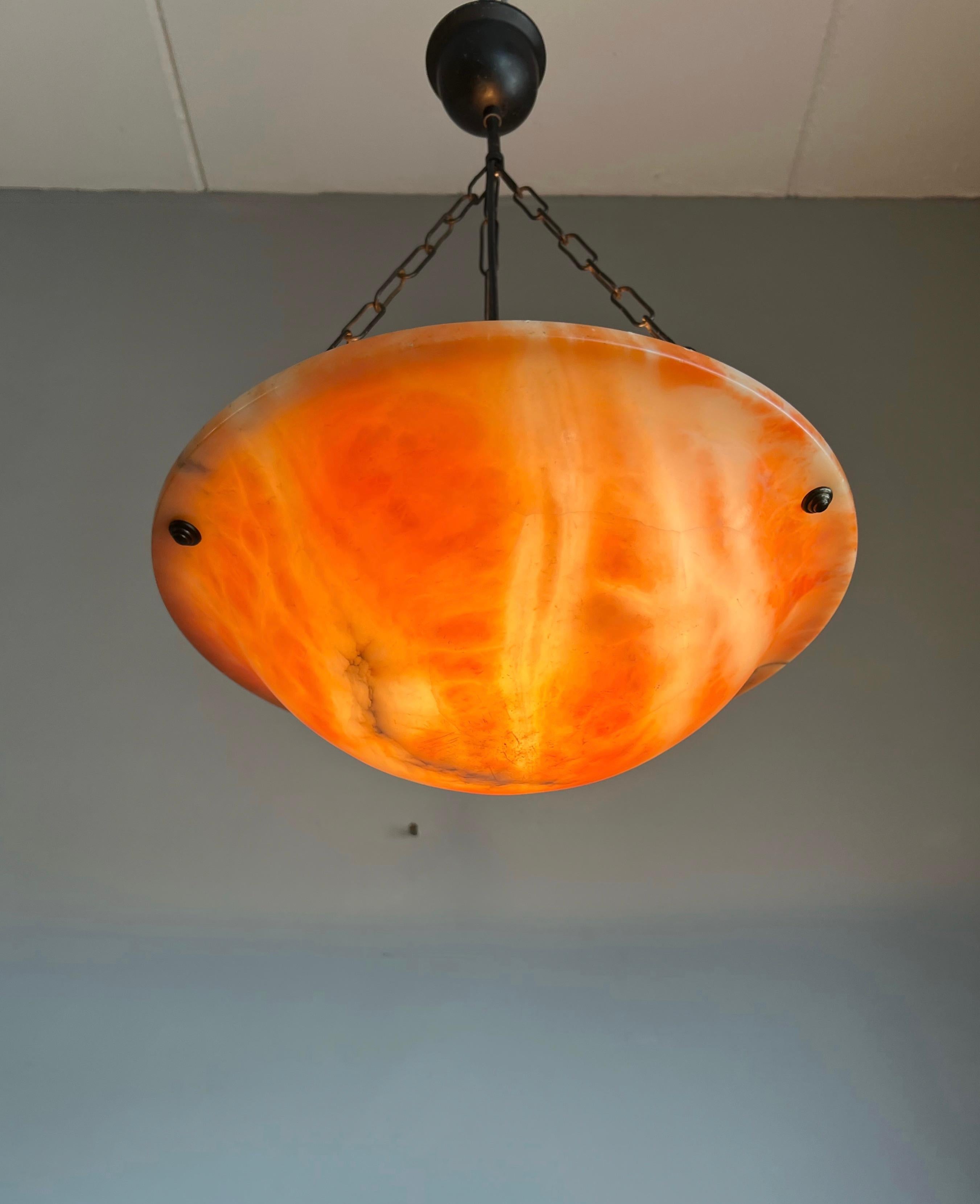 Hand-Crafted Early 1900 Great Shape & Orange Color Art Deco Alabaster Pendant Ceiling Light For Sale