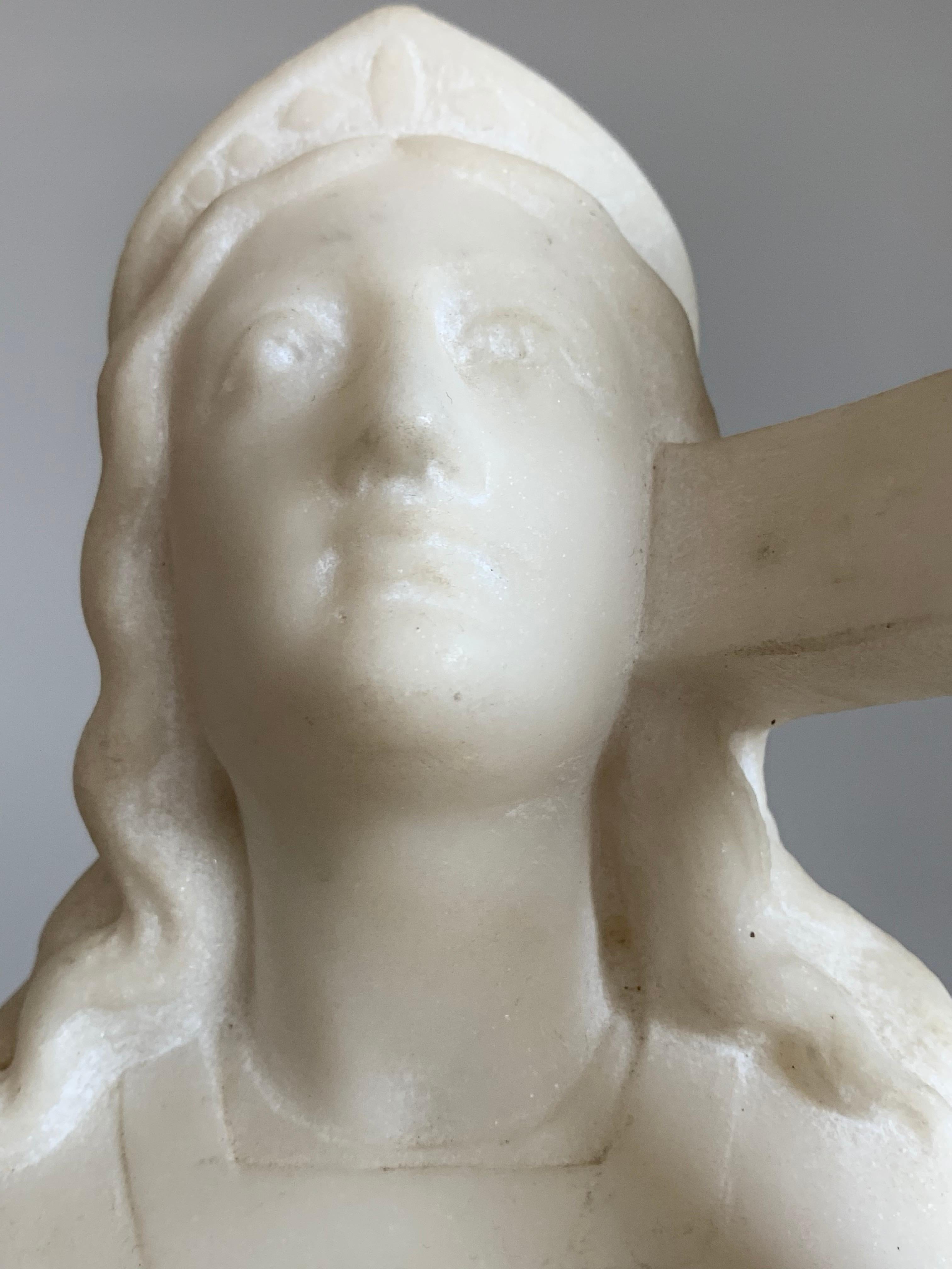 Early 1900 Hand Carved Marble Statue / Sculpture of Mother Mary w. Cross & Book For Sale 1