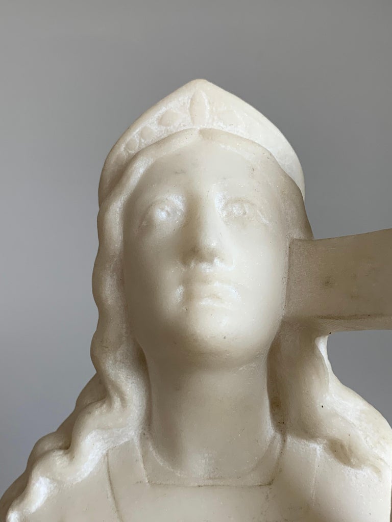 Early 1900 Hand Carved Marble Statue / Sculpture of Mother Mary w. Cross & Book For Sale 3
