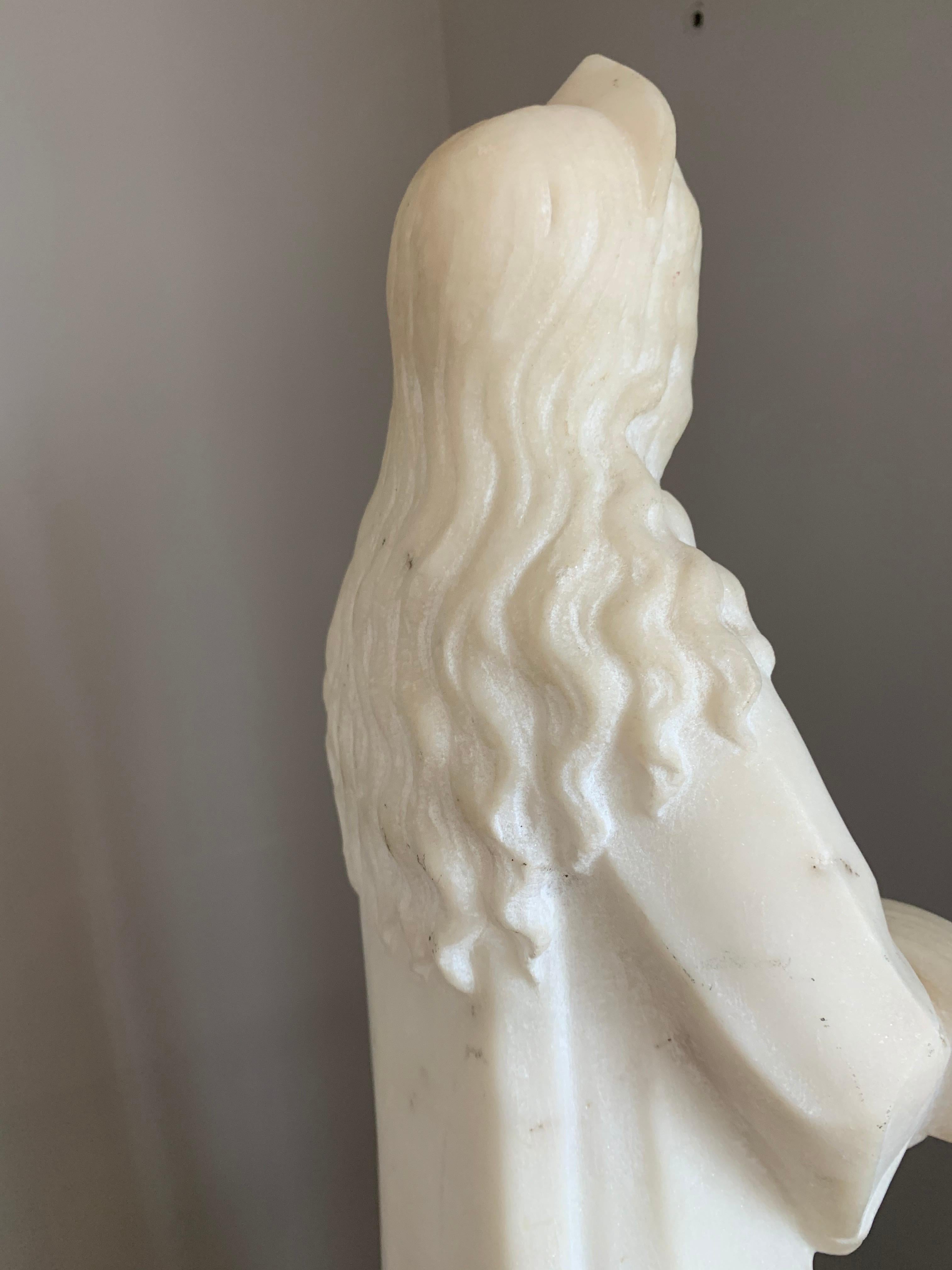 Early 1900 Hand Carved Marble Statue / Sculpture of Mother Mary w. Cross & Book For Sale 3