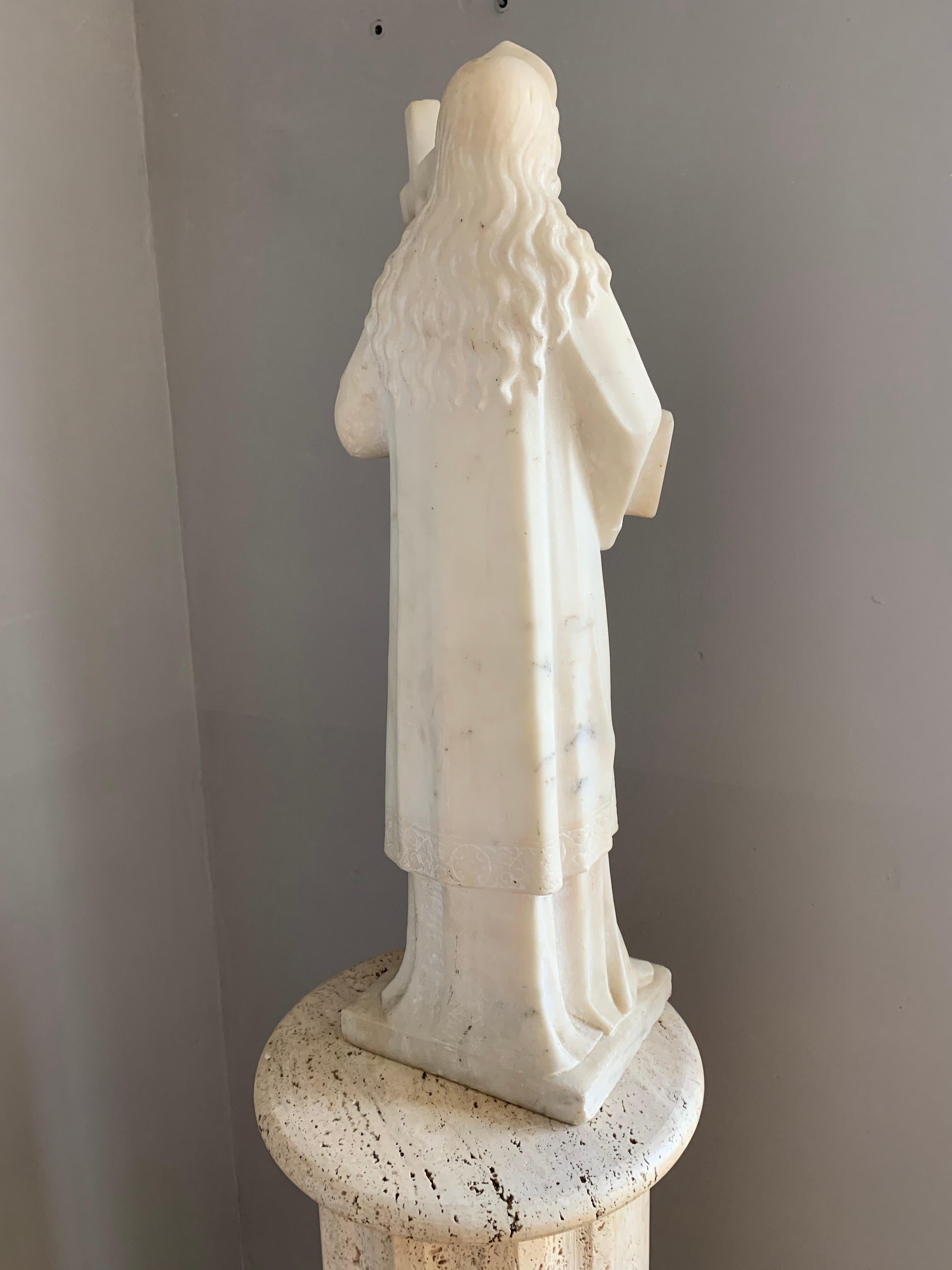 Early 1900 Hand Carved Marble Statue / Sculpture of Mother Mary w. Cross & Book For Sale 5