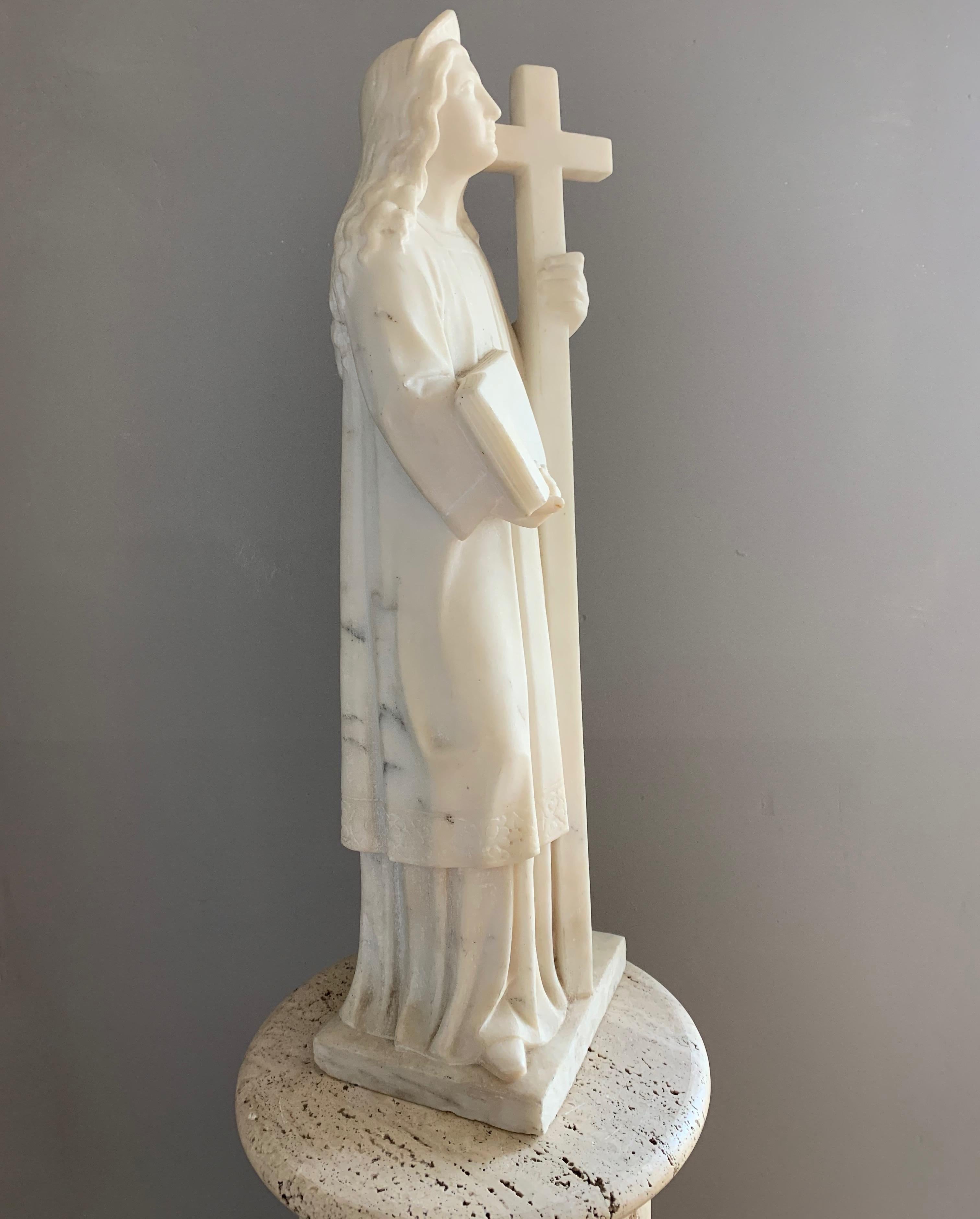 Early 1900 Hand Carved Marble Statue / Sculpture of Mother Mary w. Cross & Book For Sale 9