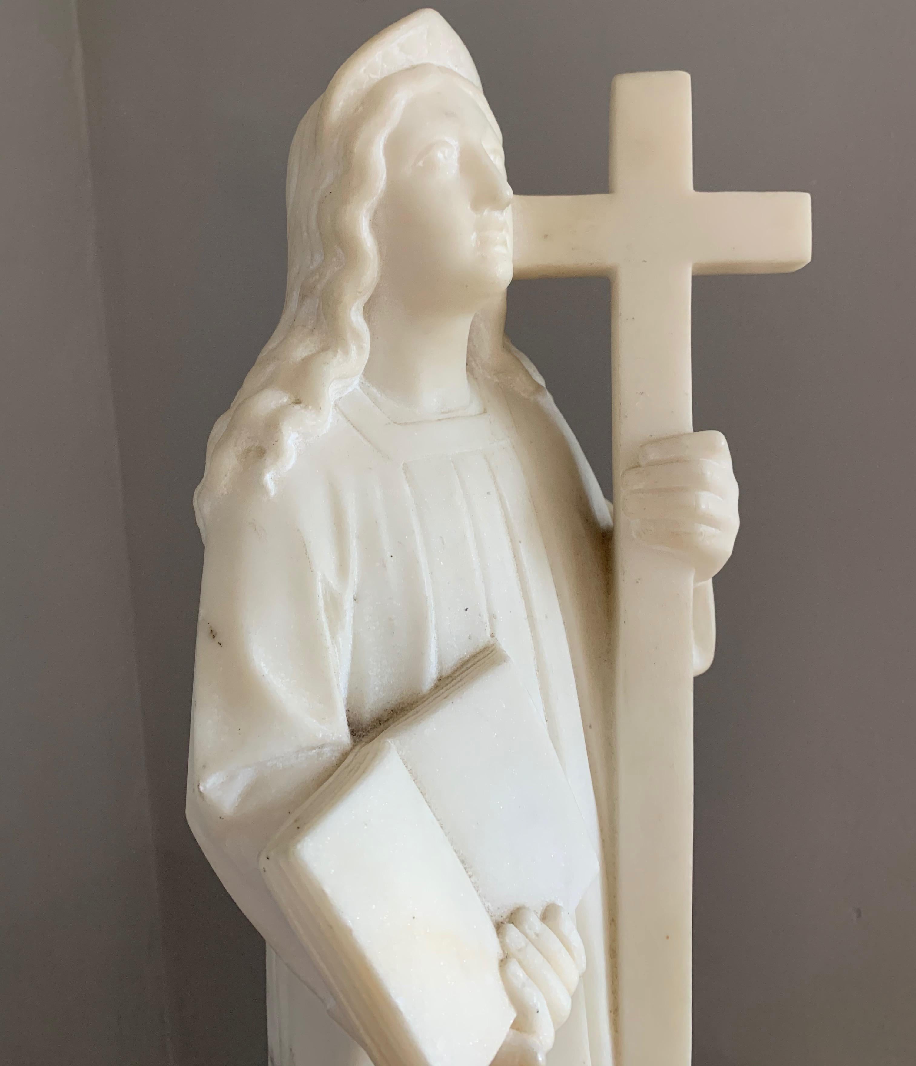 Early 1900 Hand Carved Marble Statue / Sculpture of Mother Mary w. Cross & Book For Sale 10