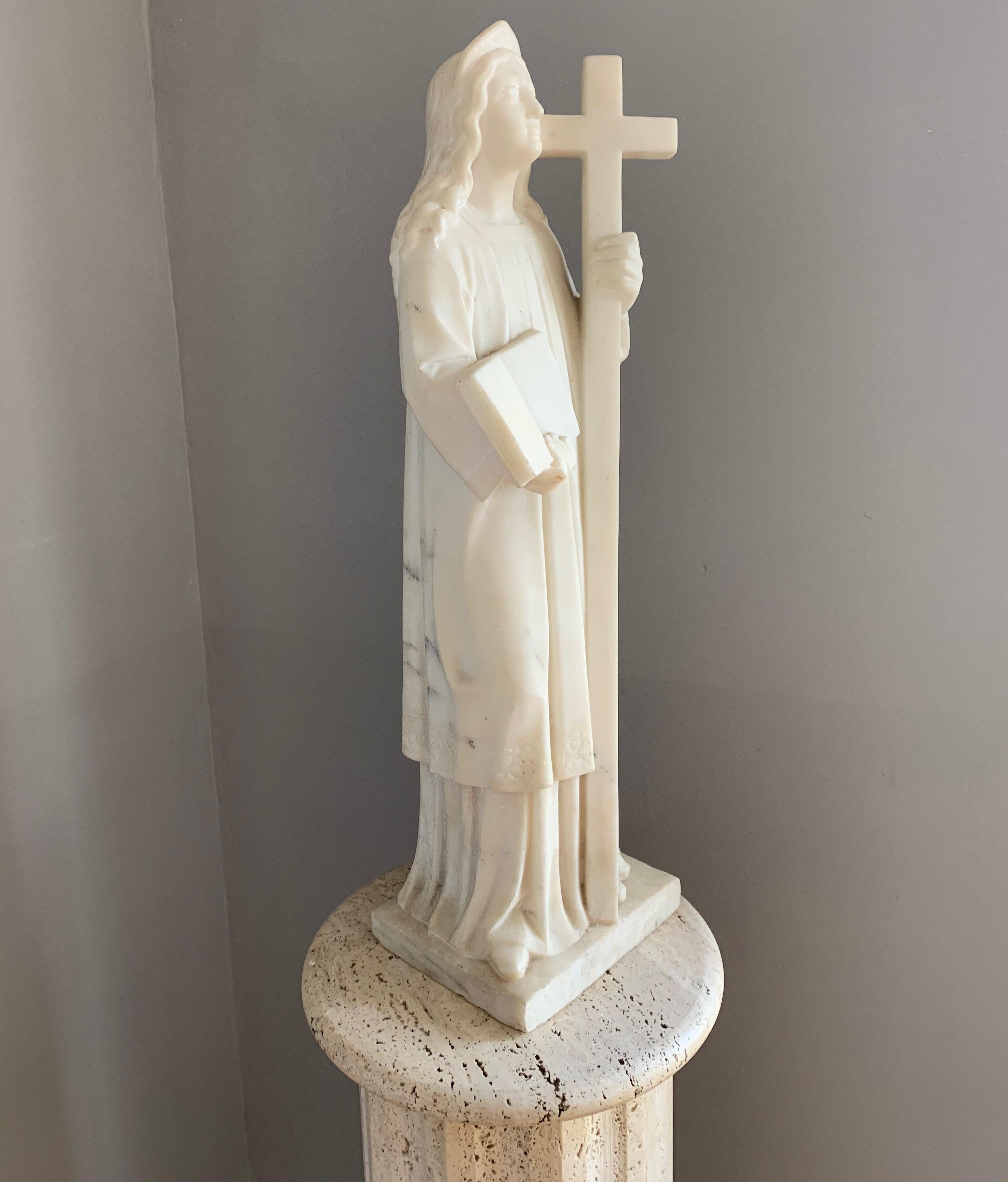 Early 1900 Hand Carved Marble Statue / Sculpture of Mother Mary w. Cross & Book For Sale 11