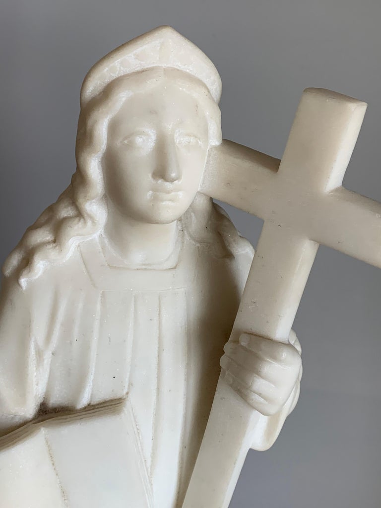 Gothic Early 1900 Hand Carved Marble Statue / Sculpture of Mother Mary w. Cross & Book For Sale