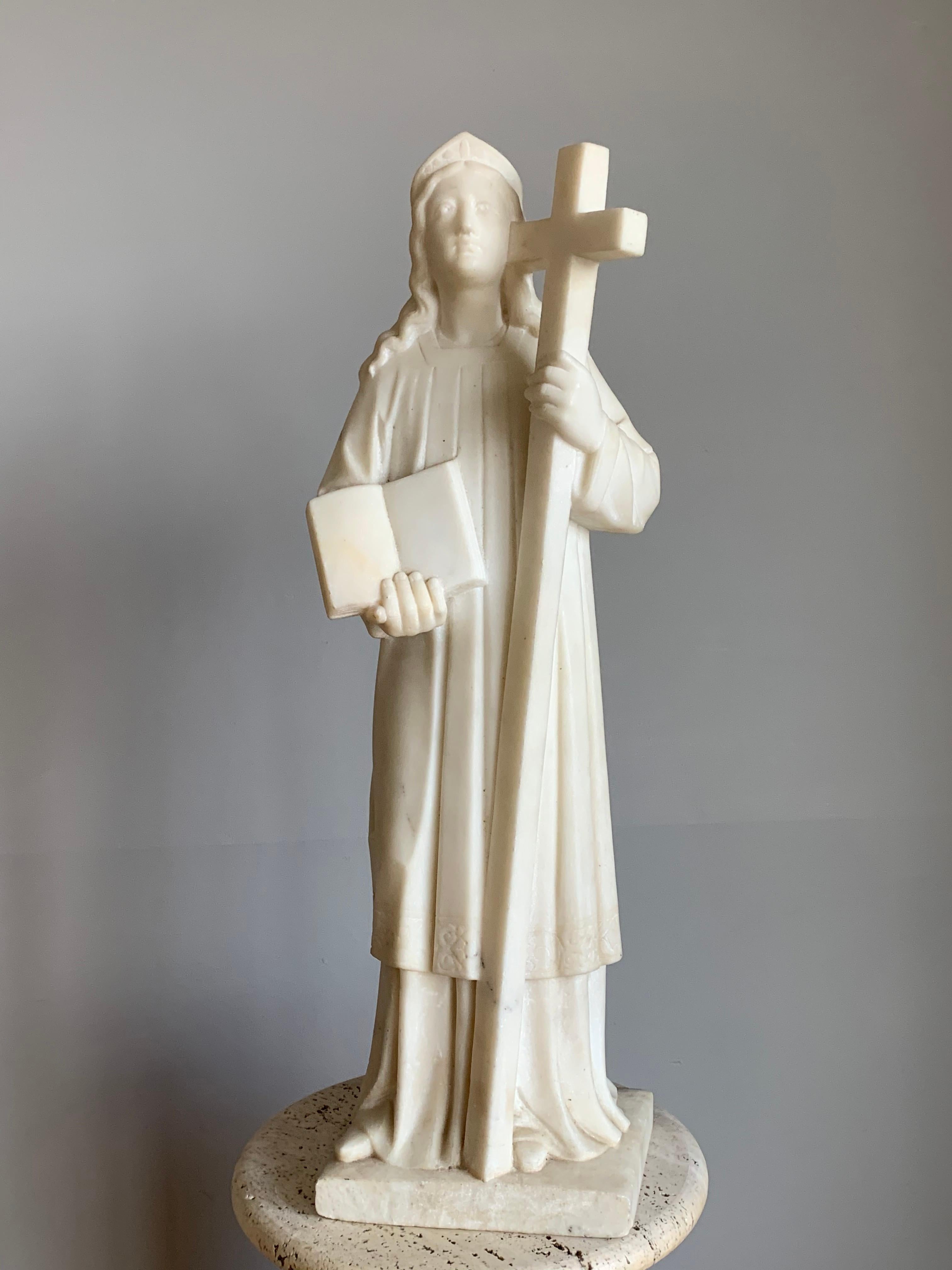 Gothic Early 1900 Hand Carved Marble Statue / Sculpture of Mother Mary w. Cross & Book For Sale