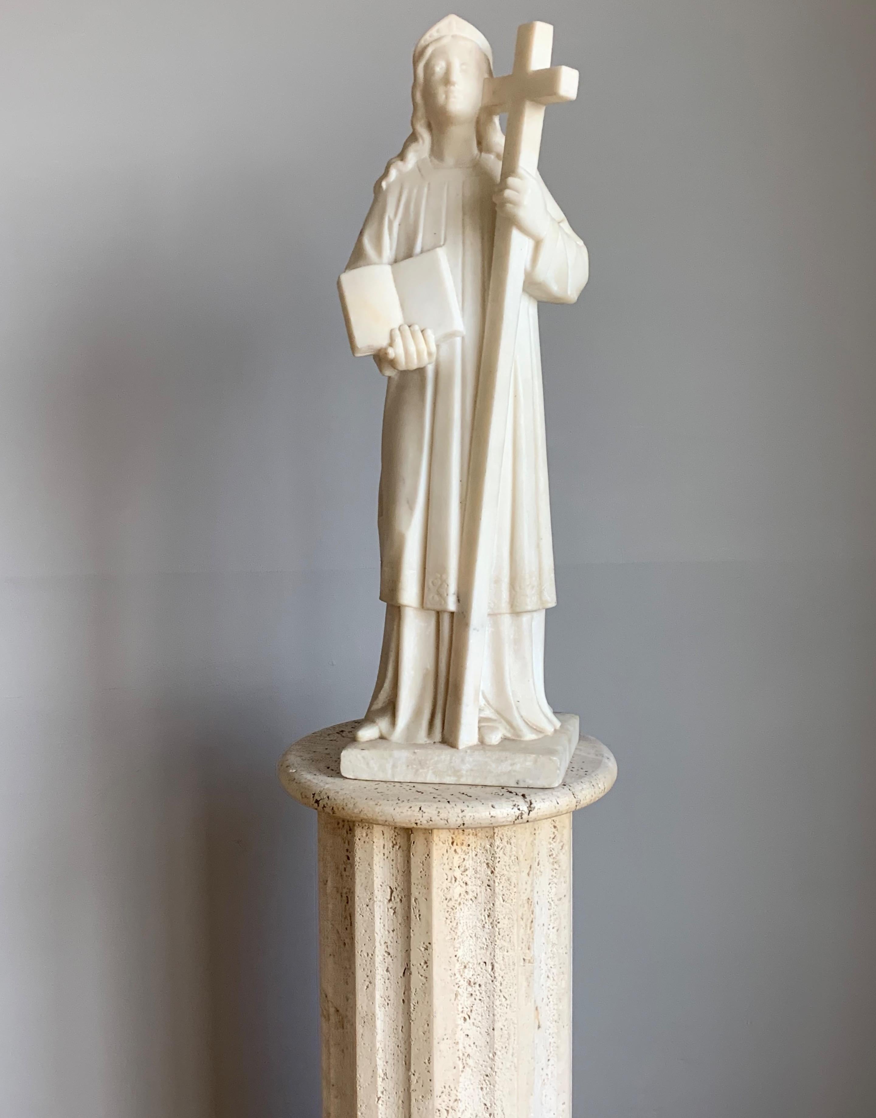Italian Early 1900 Hand Carved Marble Statue / Sculpture of Mother Mary w. Cross & Book For Sale