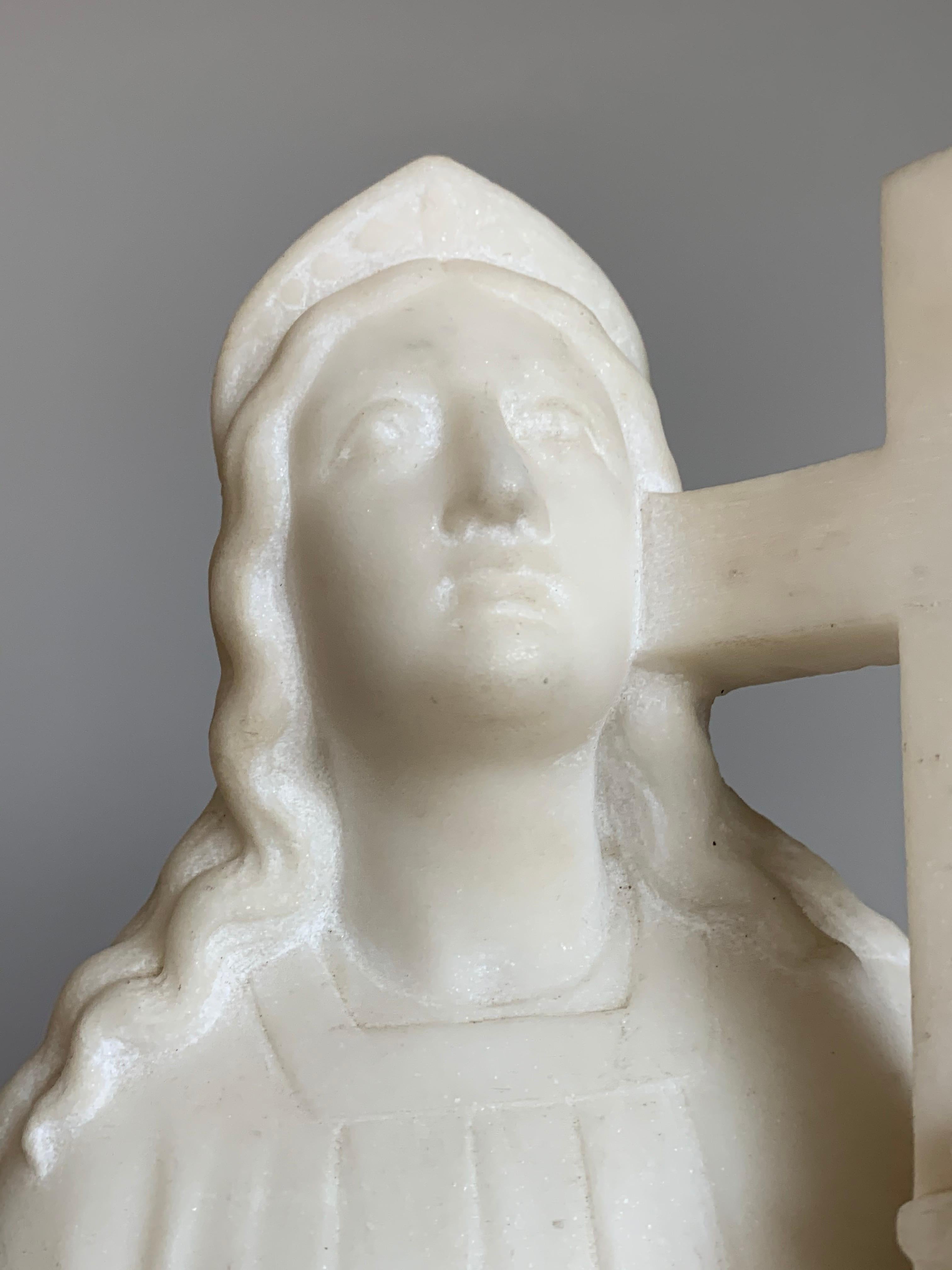Hand-Carved Early 1900 Hand Carved Marble Statue / Sculpture of Mother Mary w. Cross & Book For Sale
