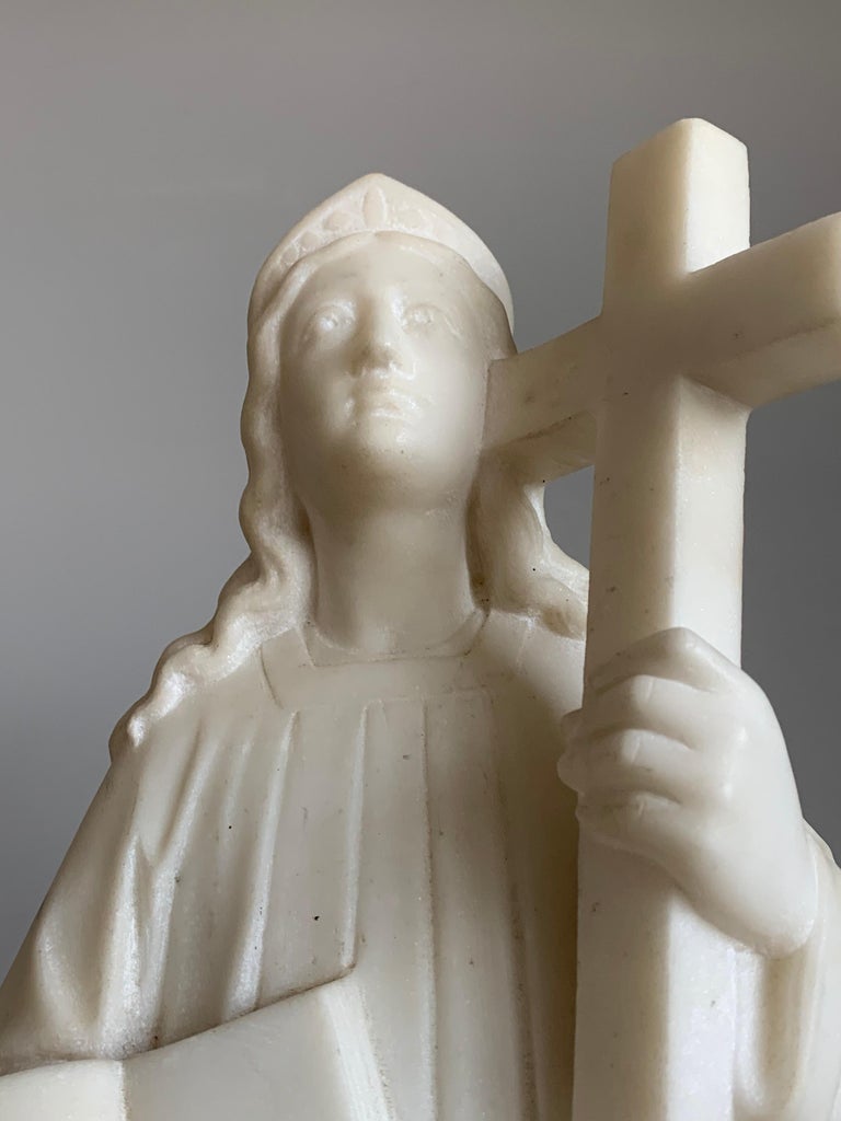 20th Century Early 1900 Hand Carved Marble Statue / Sculpture of Mother Mary w. Cross & Book For Sale