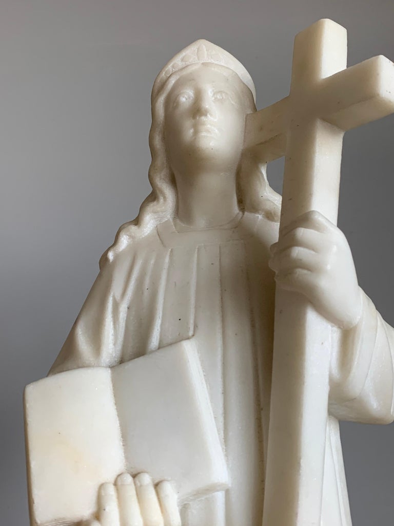Carrara Marble Early 1900 Hand Carved Marble Statue / Sculpture of Mother Mary w. Cross & Book For Sale